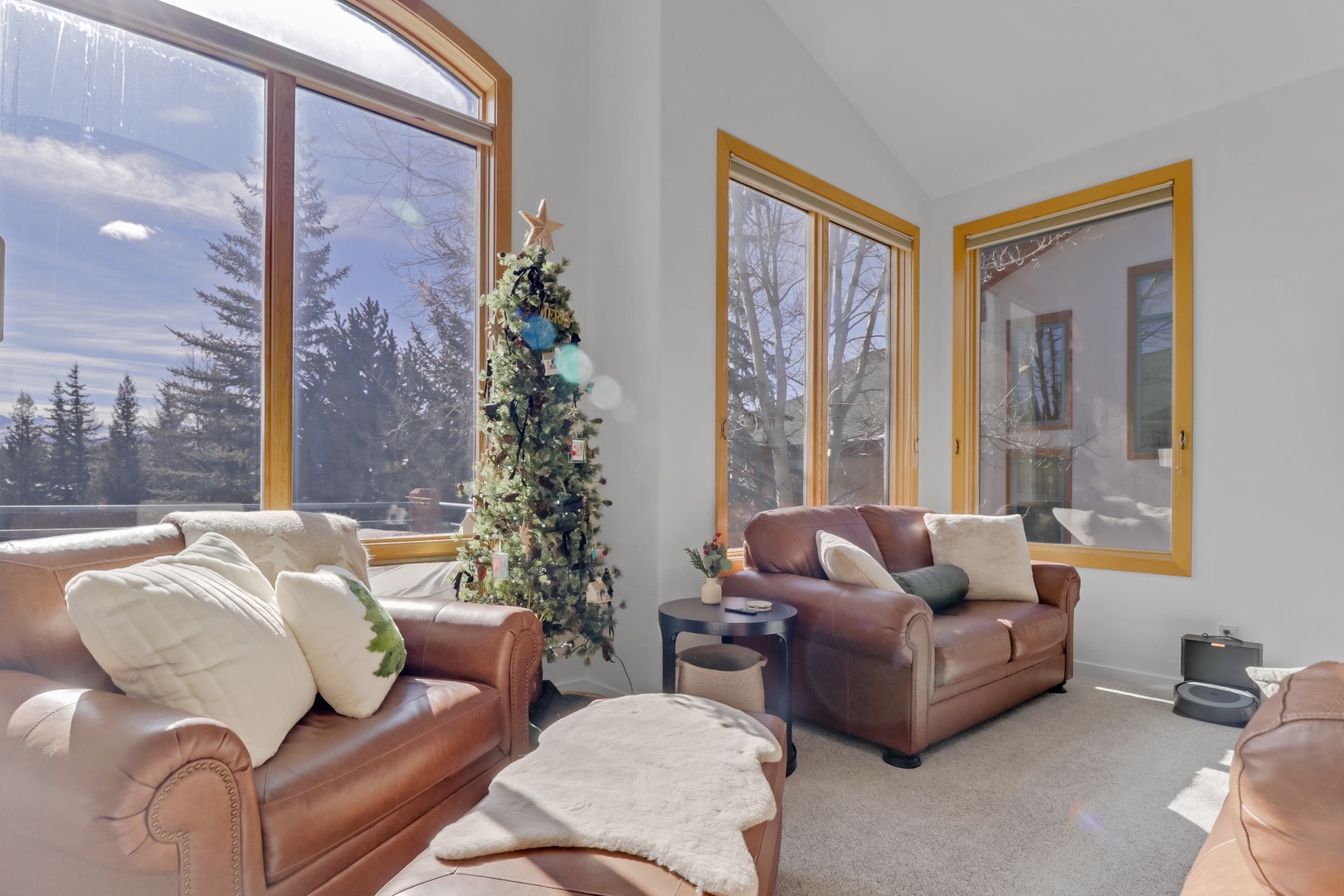 Unwind in this bright living space with cozy leather seating and stunning winter views through floor-to-ceiling windows.