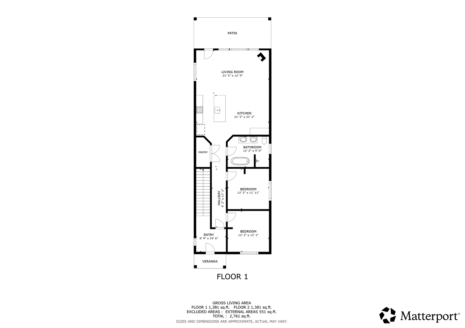 Clear floor plan showing your spacious two-bedroom layout with an open living area, full kitchen, bathroom with tub, private patio, and welcoming veranda entrance.