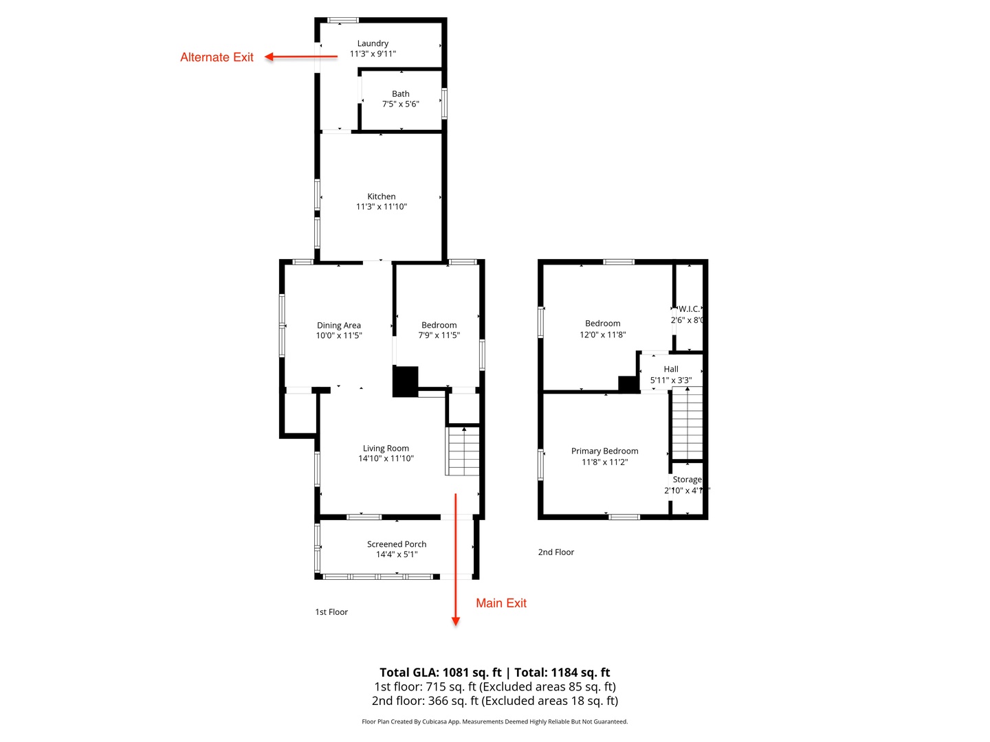Floor plan showing a two-story layout with three bedrooms, full kitchen, dining area, living room, screened porch, laundry, and storage—1,184 total square feet.