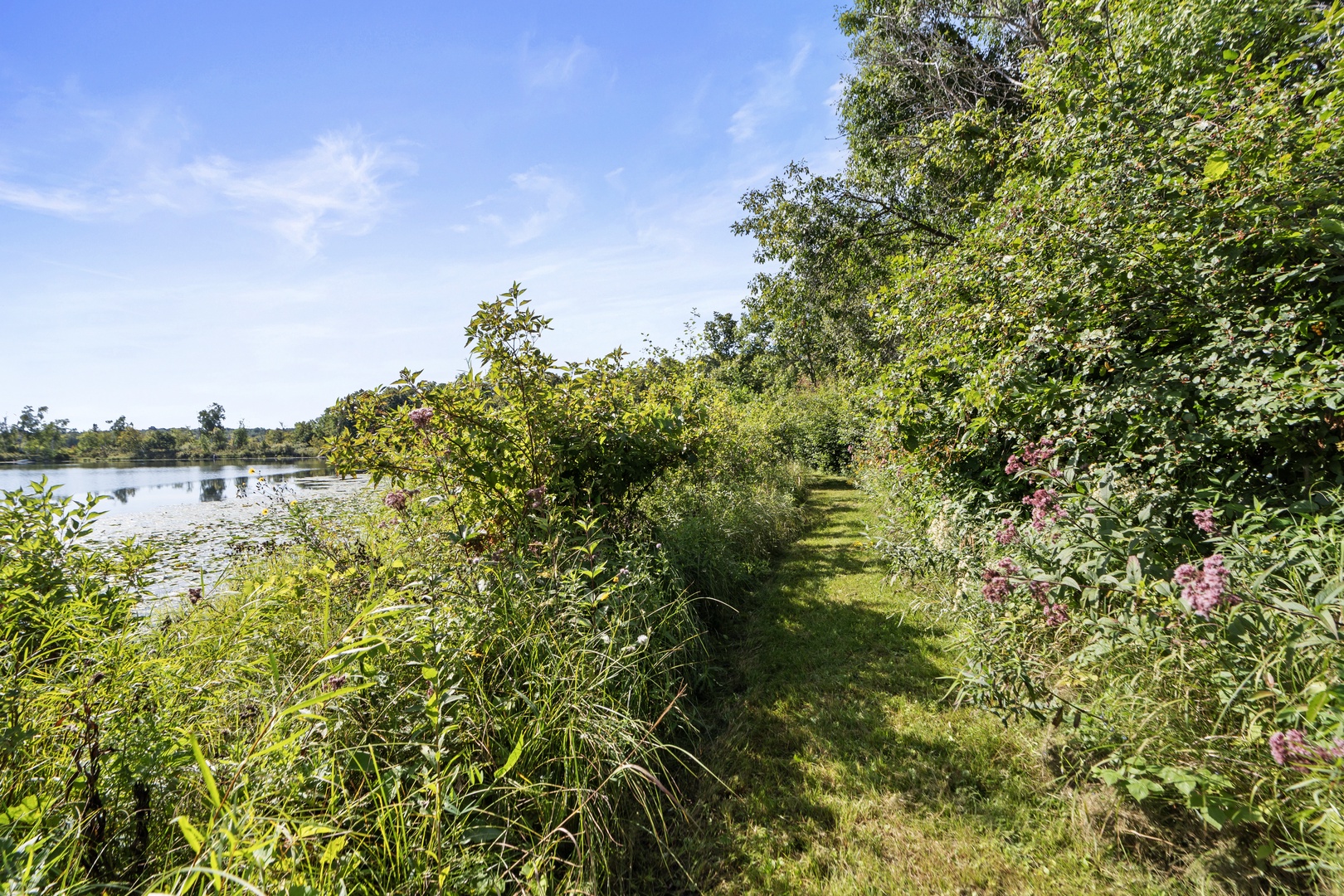 A peaceful walking path winds through lush gardens alongside tranquil lake waters, offering a serene natural setting perfect for morning strolls or quiet afternoon reflection.