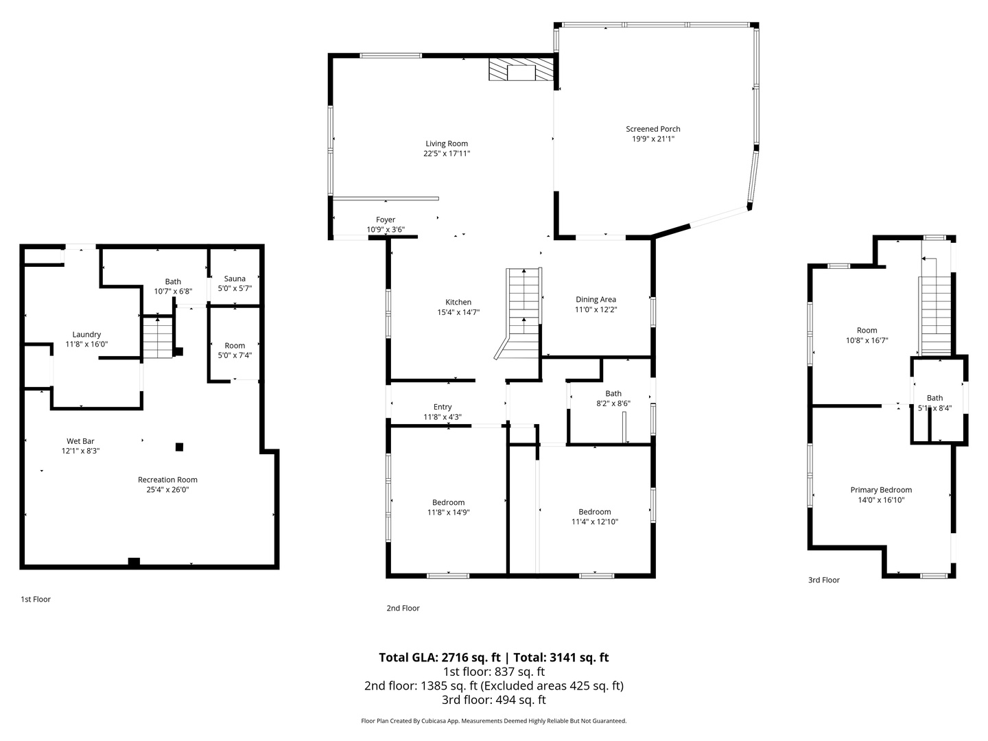 Multi-level floor plan showcasing spacious living areas, multiple bedrooms and bathrooms, kitchen, dining room, and screened porch across three floors.