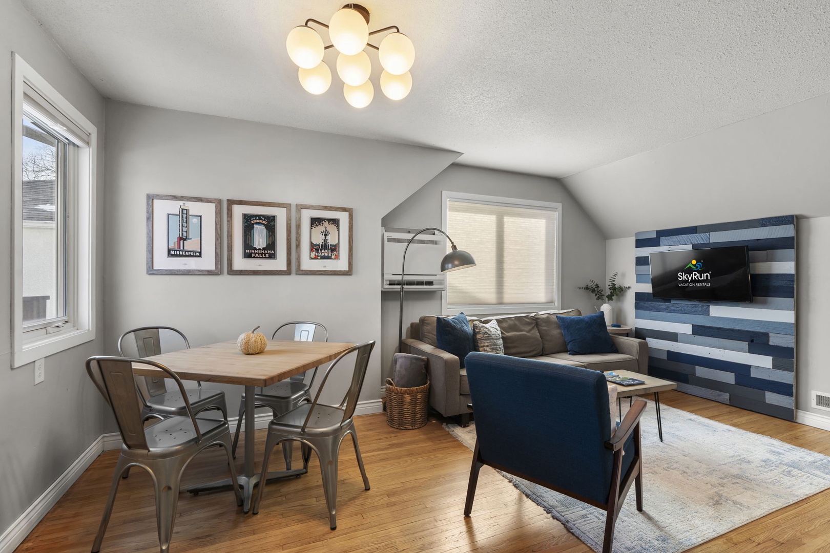 Bright, cozy living room with dining space