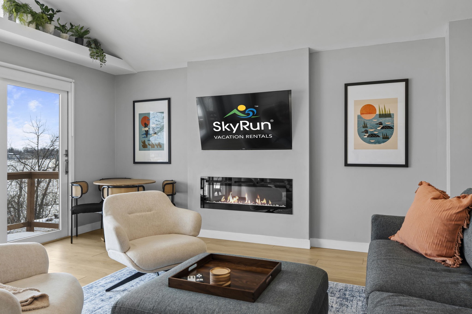 Modern fireplace and smart TV for cozy nights in