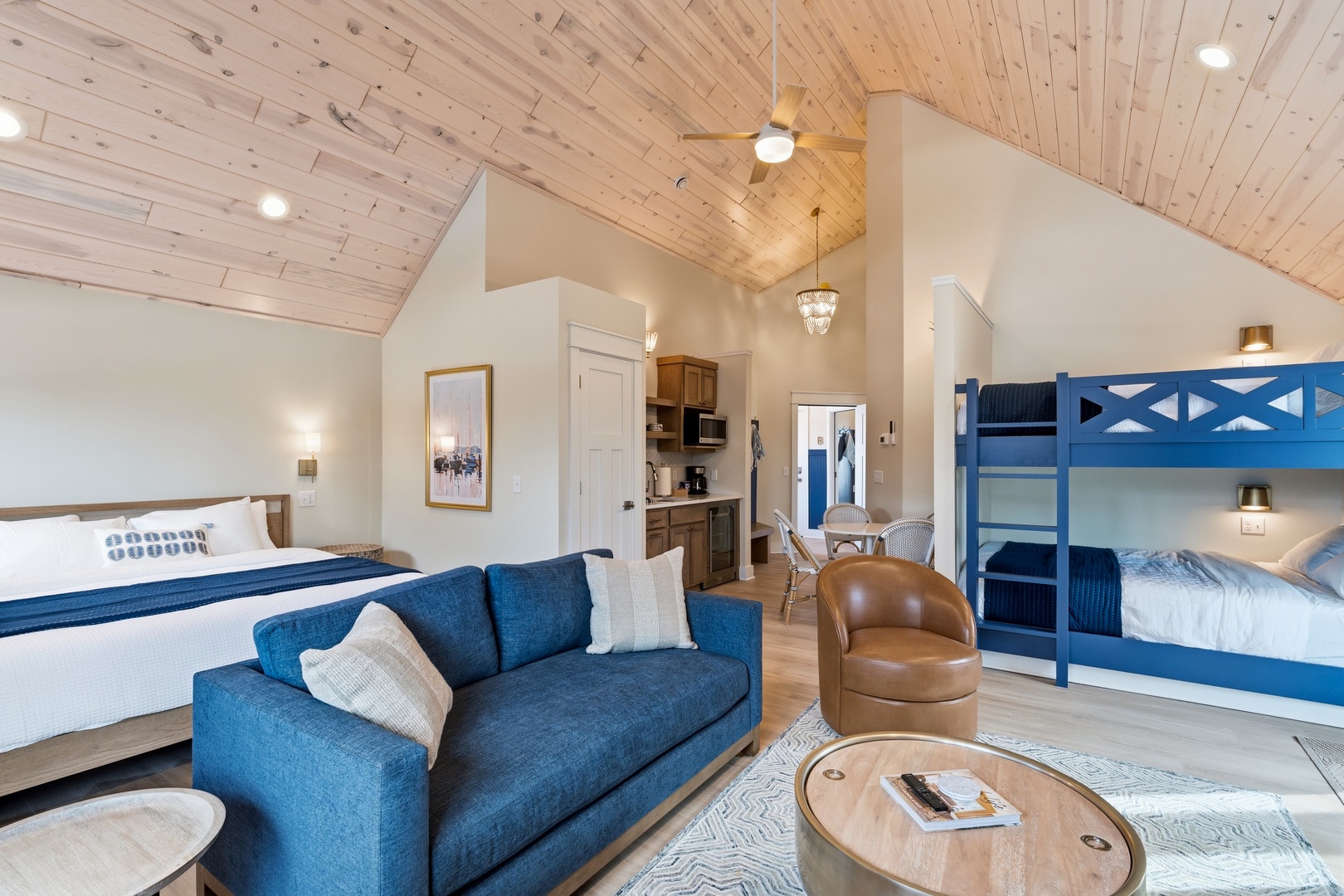 Open studio with king bed queen bunks and full kitchenette