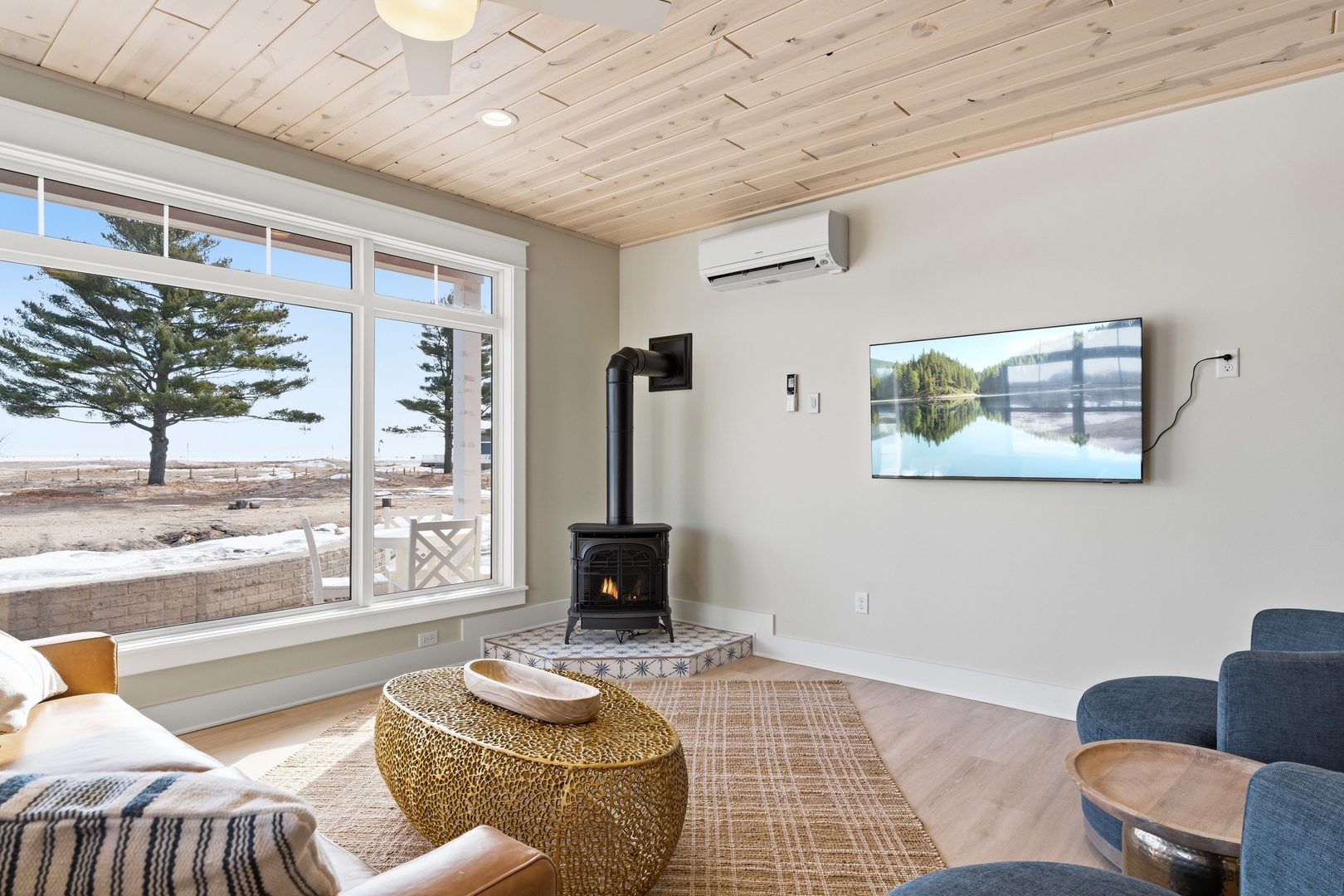 Cozy living room with wood stove fireplace large windows and smart TV