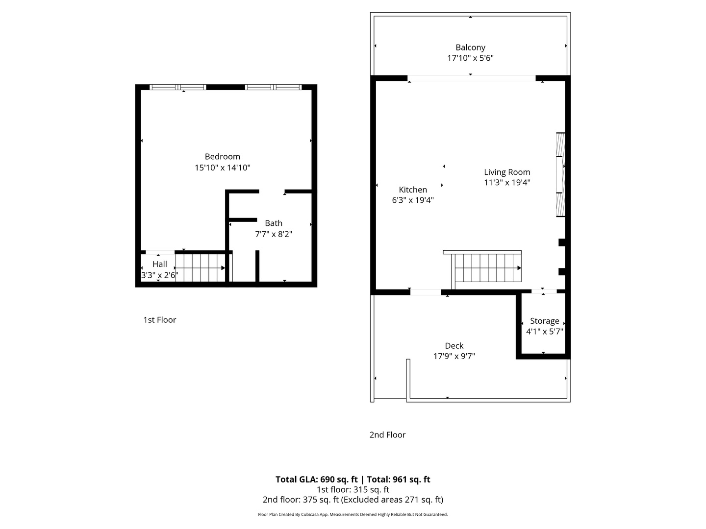 A two-story layout shows your bedroom and bath upstairs, while the kitchen, living room, and private balcony await you on the main floor.