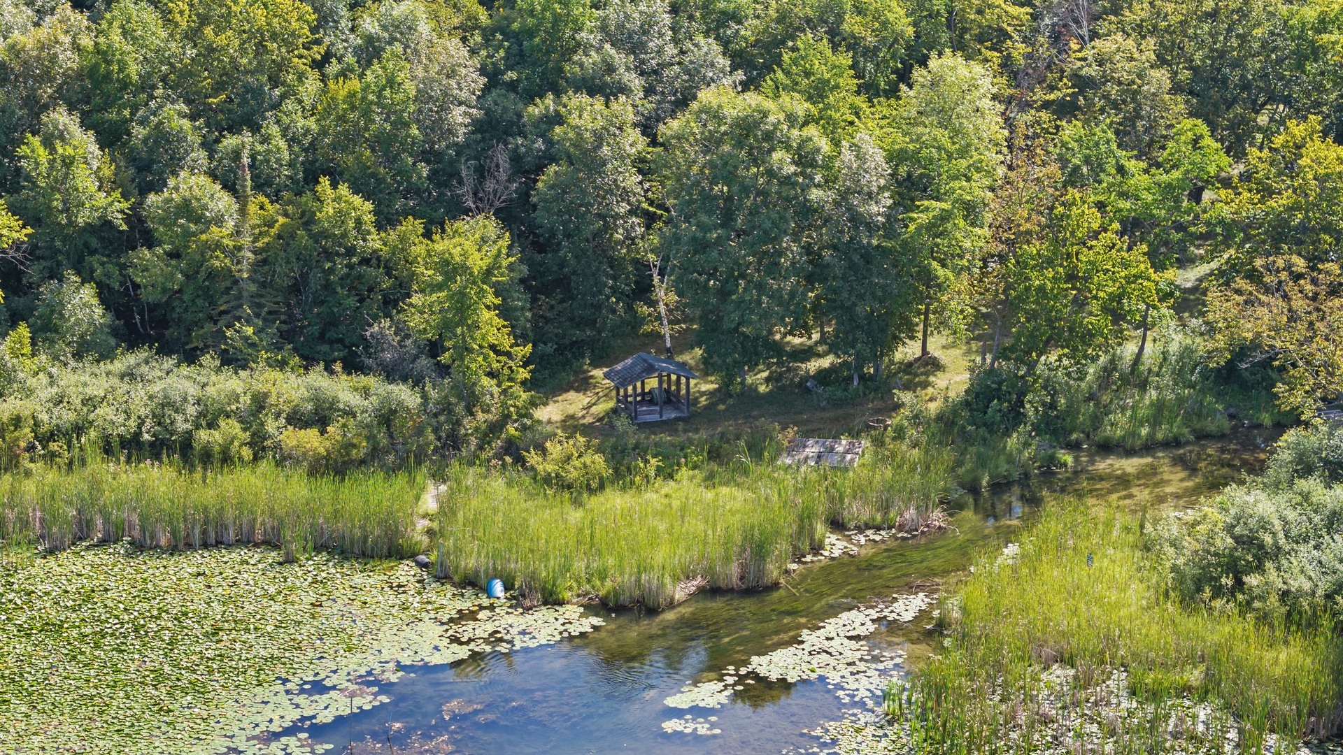 This aerial view captures the property nestled among lush forest and beside a peaceful waterway, with natural greenery and scenic surroundings creating a serene countryside setting.