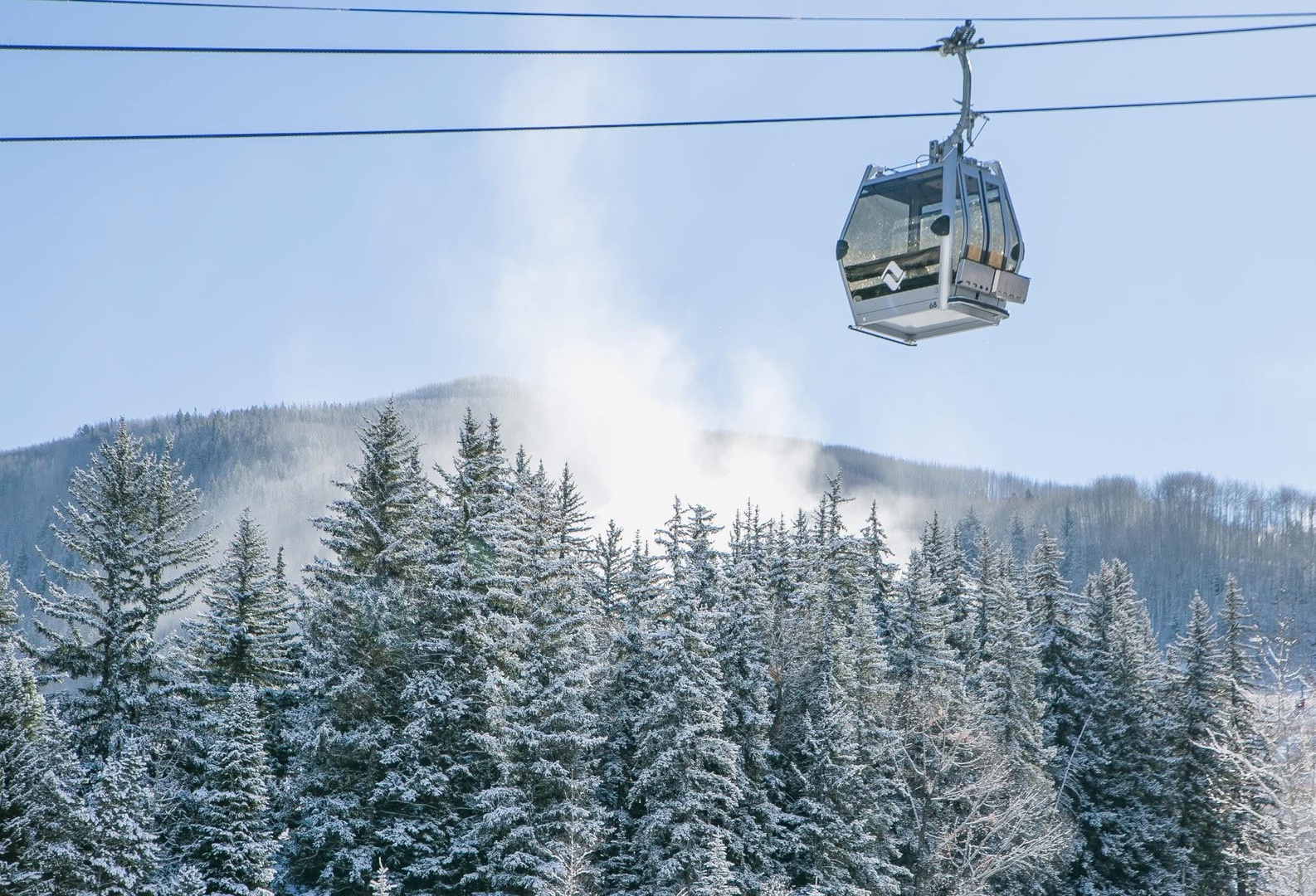 Glide above snow-dusted peaks in your private gondola as winter transforms the forest into a magical wonderland below you