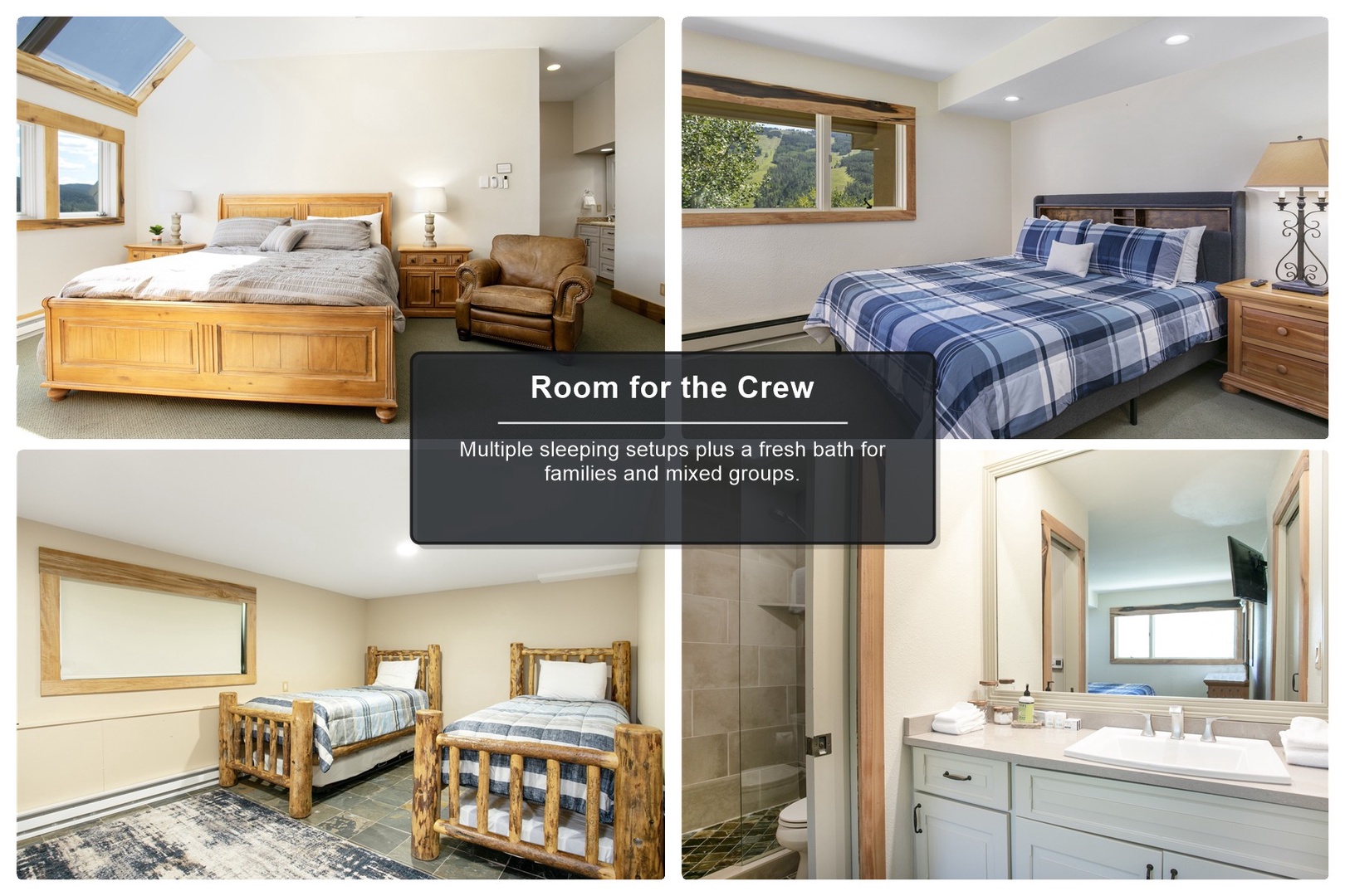 Your group will love these spacious bedrooms with cozy mountain charm and a fresh, modern bathroom to share.
