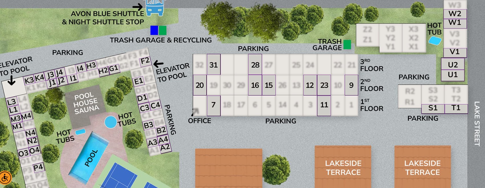 Detailed property layout shows parking areas, pool facilities, and nearby lakeside terraces for easy navigation during your stay.