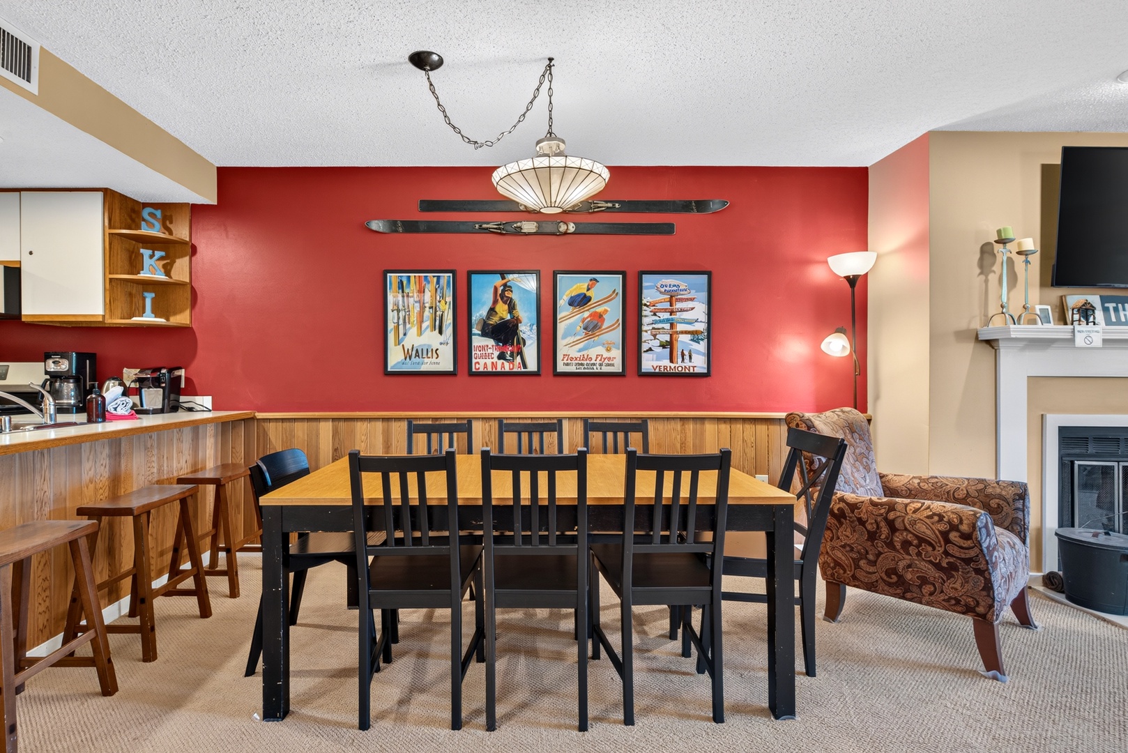Gather around your spacious dining table for memorable meals and game nights. The warm, ski-lodge décor and open layout create a welcoming space for your group to relax and connect.
