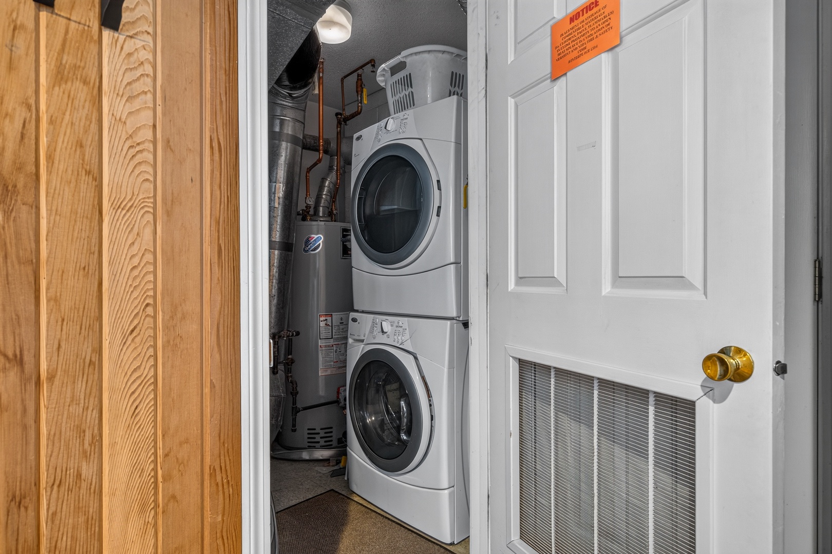 Your laundry needs are covered with a convenient in-unit stacked washer and dryer, tucked neatly away for effortless access during your stay.