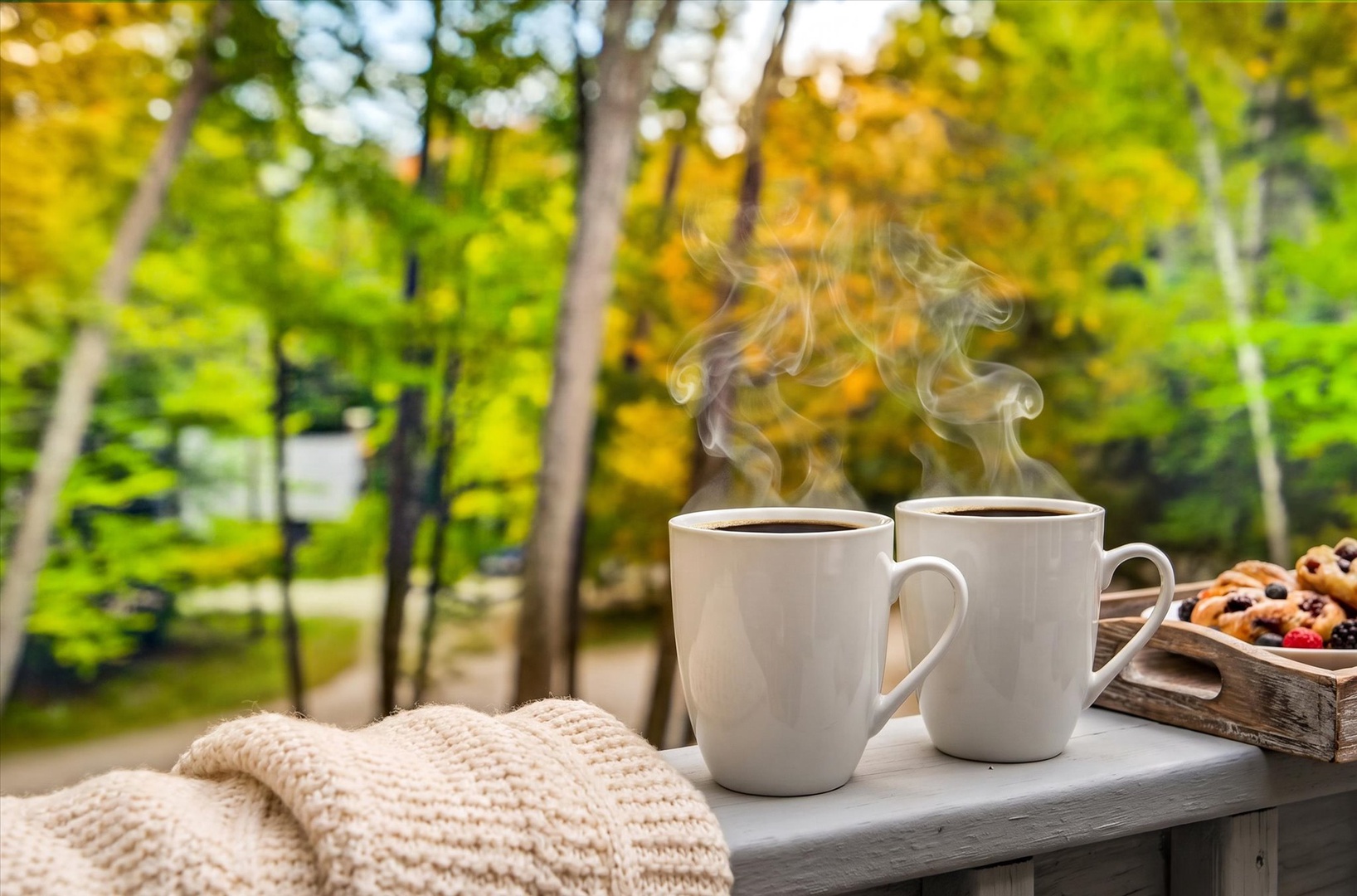 Imagine wrapping yourself in cozy comfort as you sip fresh coffee on your private deck, surrounded by vibrant autumn foliage and crisp morning air.