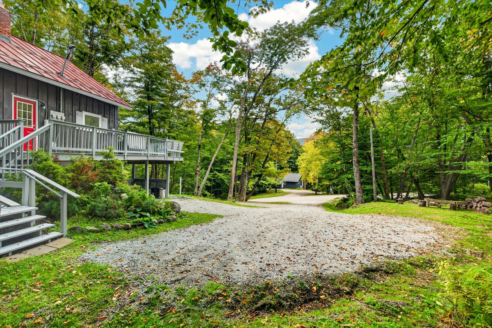 A peaceful forested property with lush trees and a spacious gravel driveway leading to charming buildings, offering a tranquil retreat.