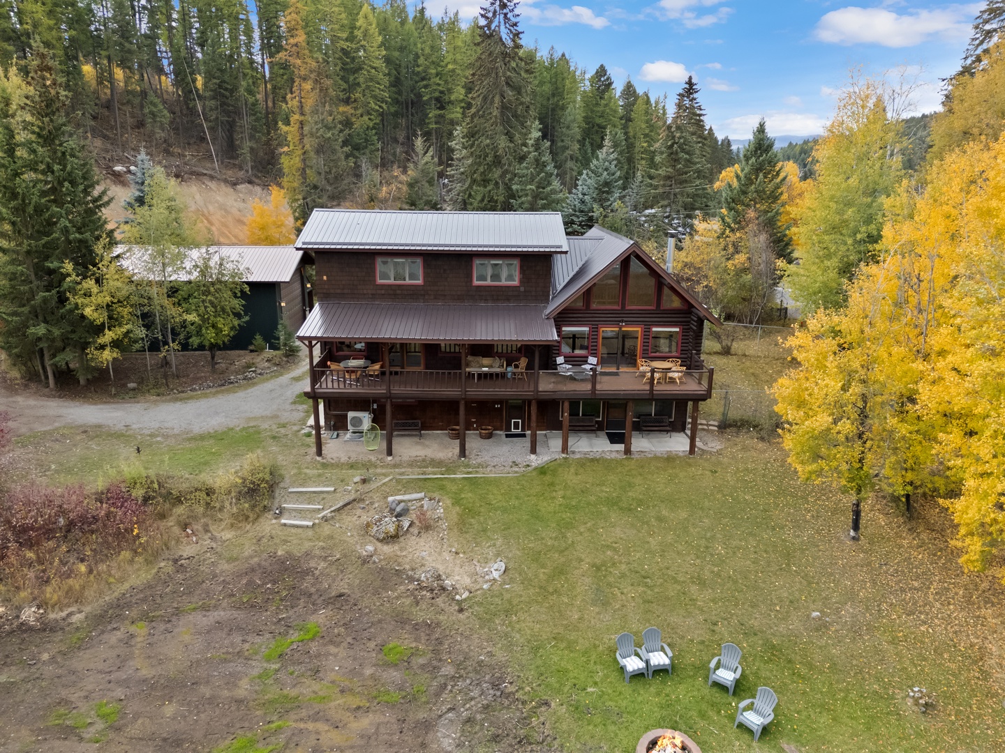 Rustic mountain lodge surrounded by vibrant autumn foliage and towering evergreens, featuring multiple decks and peaceful forest setting.