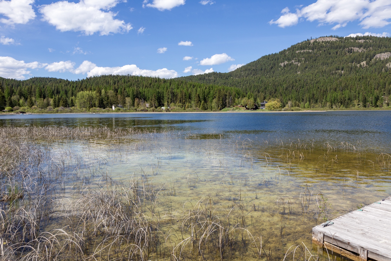 A serene mountain lake surrounded by dense evergreen forests, offering a peaceful natural setting and scenic beauty for outdoor enthusiasts exploring the area.