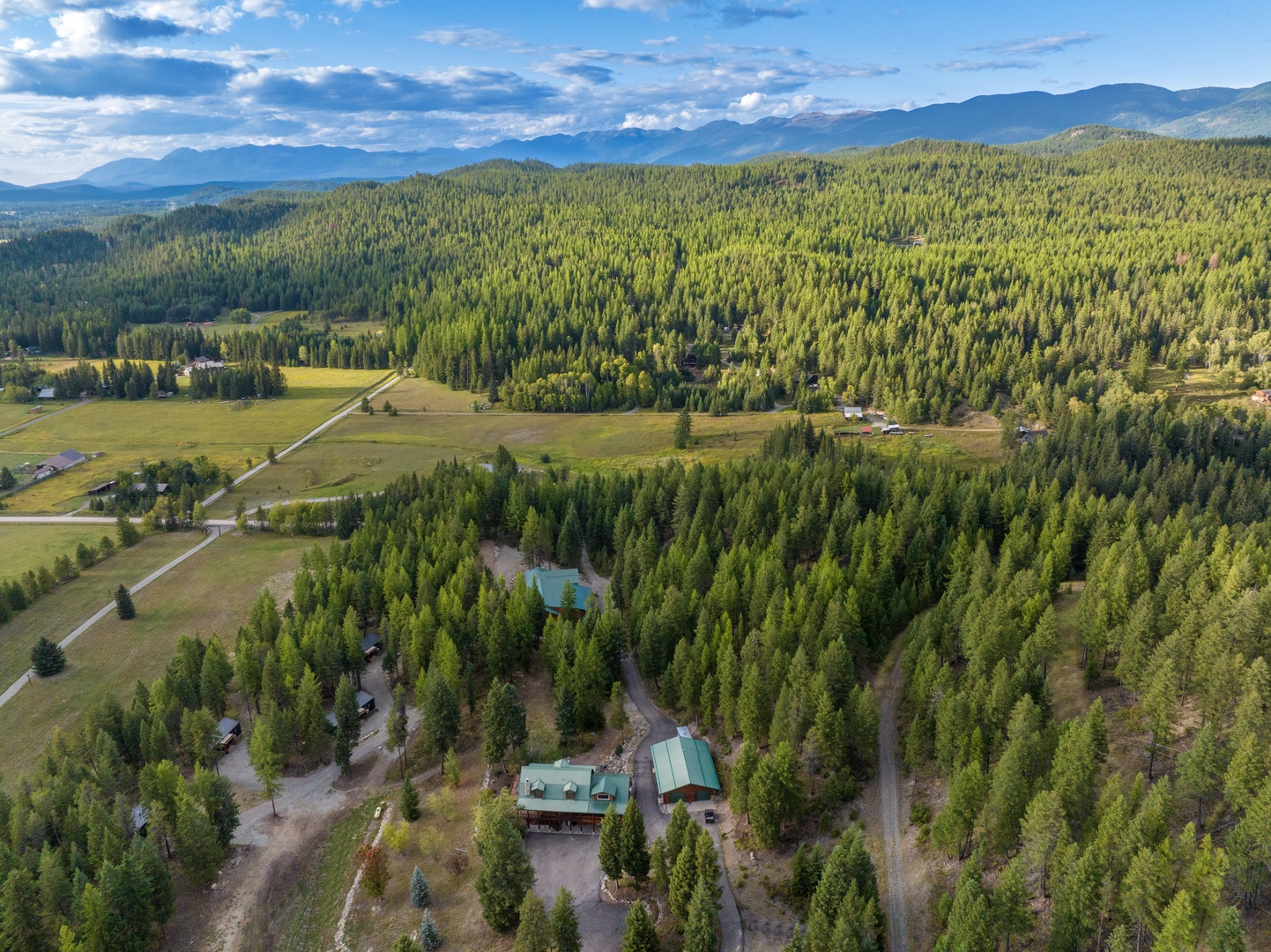 Stunning aerial view of the forest retreat property nestled among towering evergreens with mountain vistas beyond.