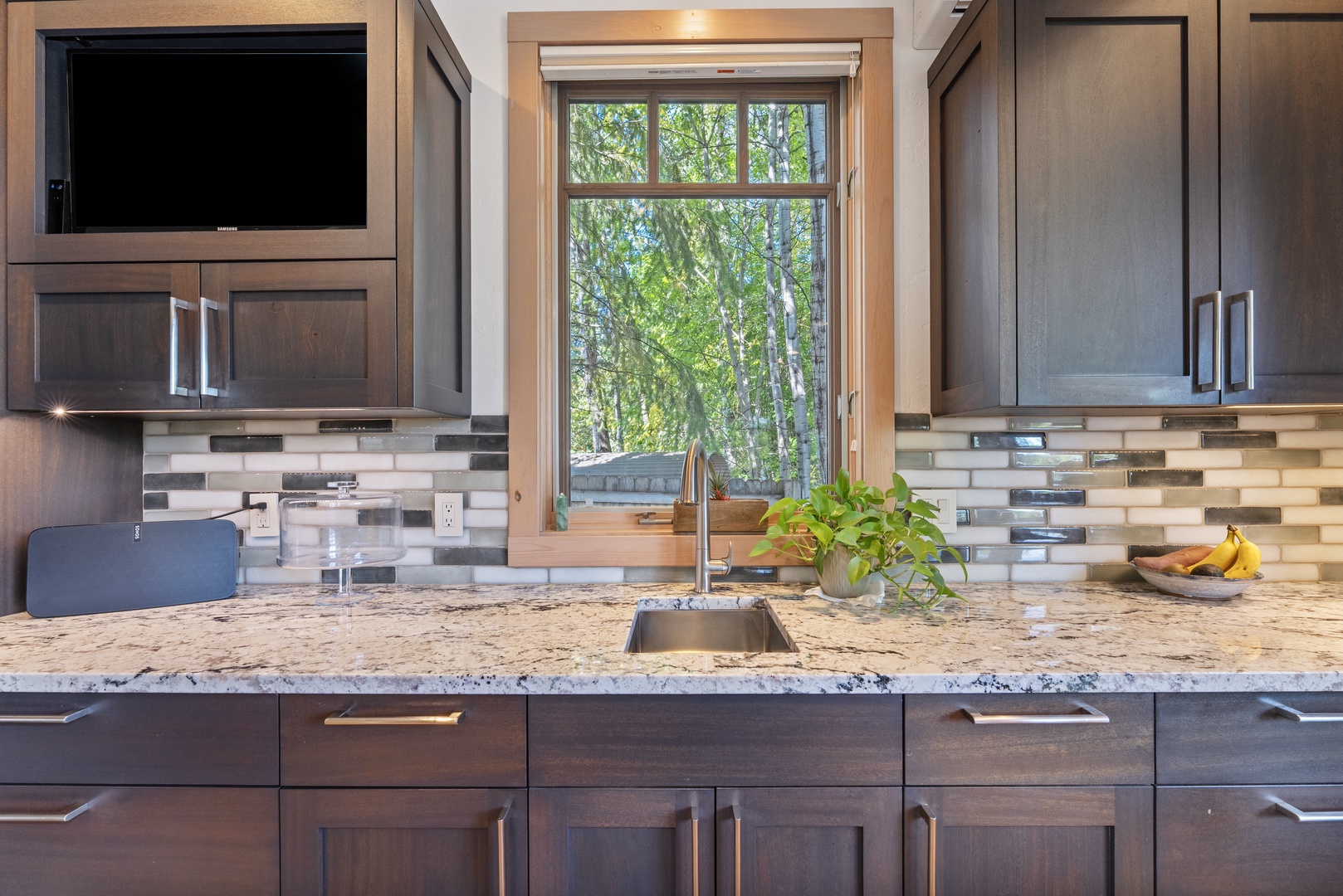 Your fully equipped kitchen features granite counters, modern appliances, and a charming window framing peaceful birch trees—perfect for preparing meals while soaking in the natural beauty outside.
