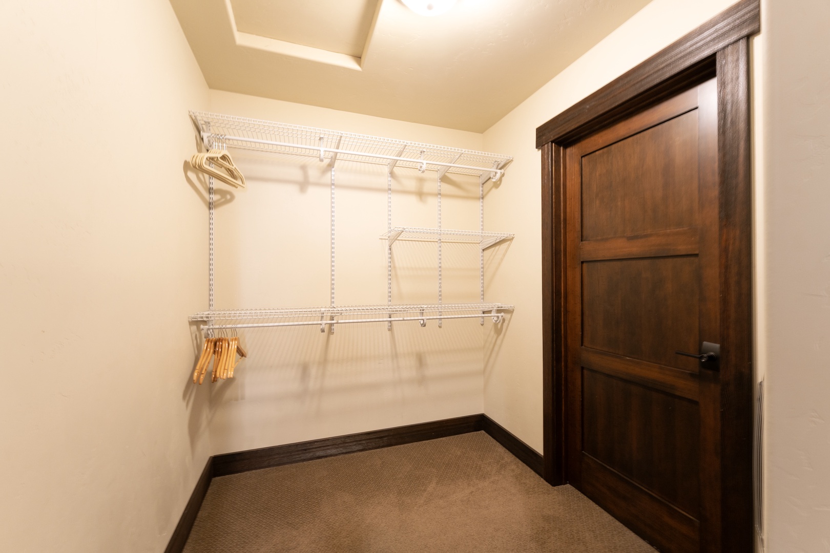 Your spacious walk-in closet offers generous storage with shelving and hanging space for all your belongings, plus natural skylight for easy organization.