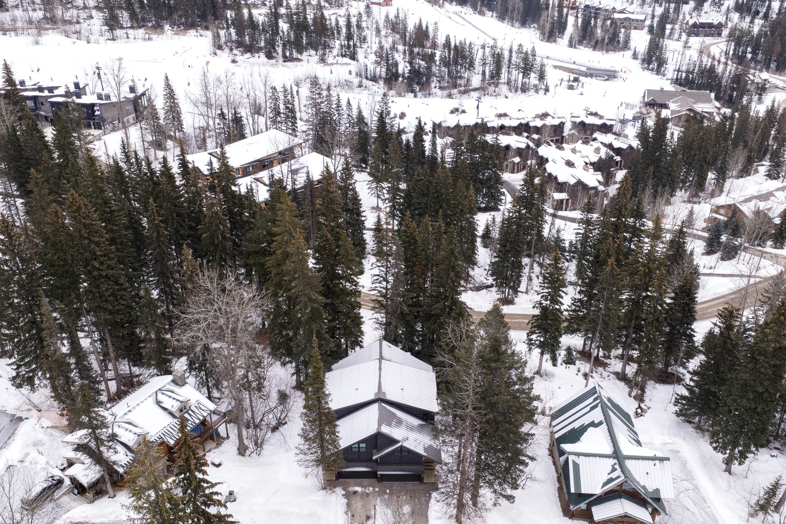Aerial winter wonderland showcasing snow-covered mountain chalets nestled among towering evergreens in a pristine alpine setting.