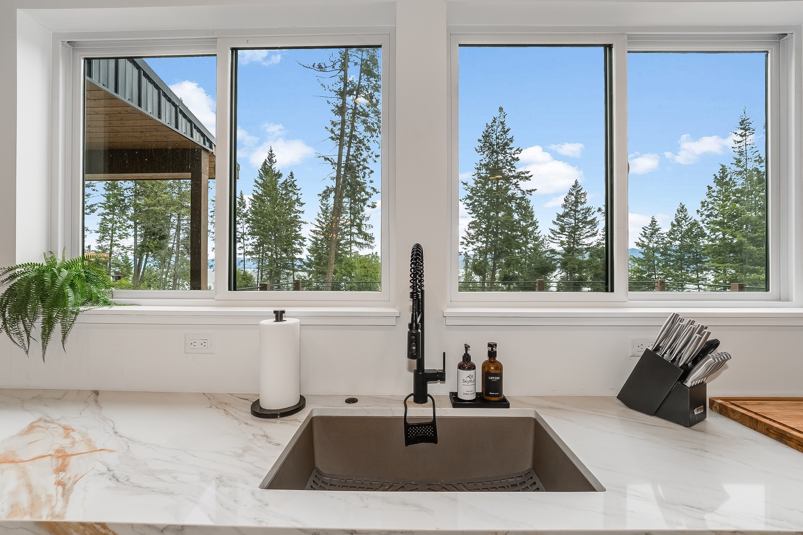 Your modern kitchen sink overlooks towering pines and blue skies—imagine preparing meals with this peaceful forest view as your backdrop.