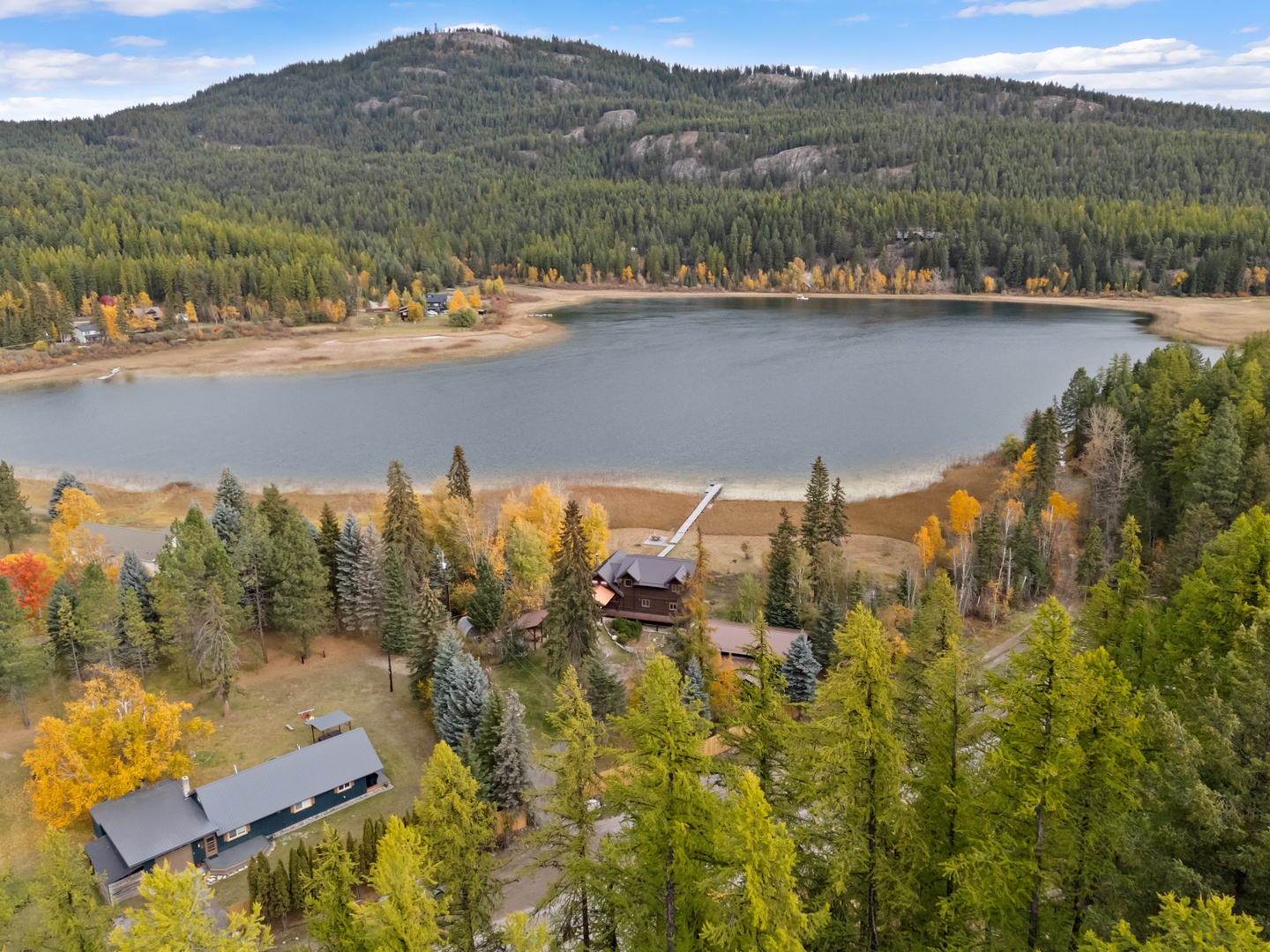 Stunning lakeside retreat surrounded by autumn forests and dramatic mountain views in pristine wilderness setting.