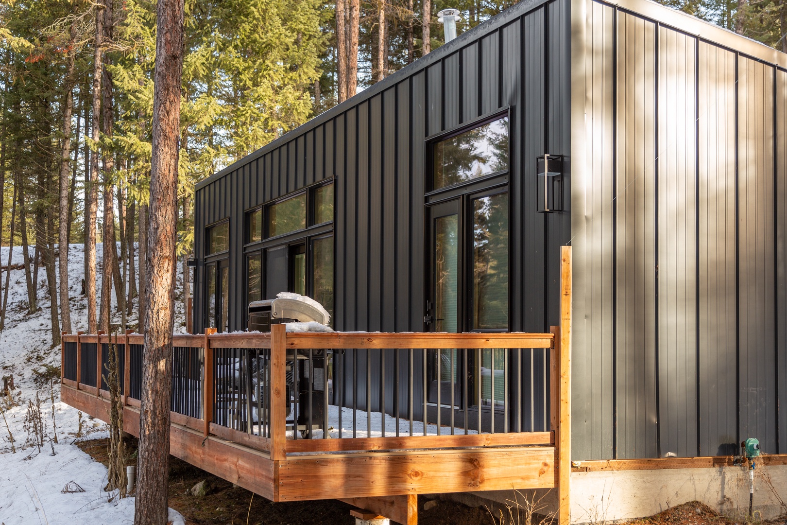 Modern cabin nestled in the pines, featuring a sleek exterior and private deck where you can unwind surrounded by nature's beauty.