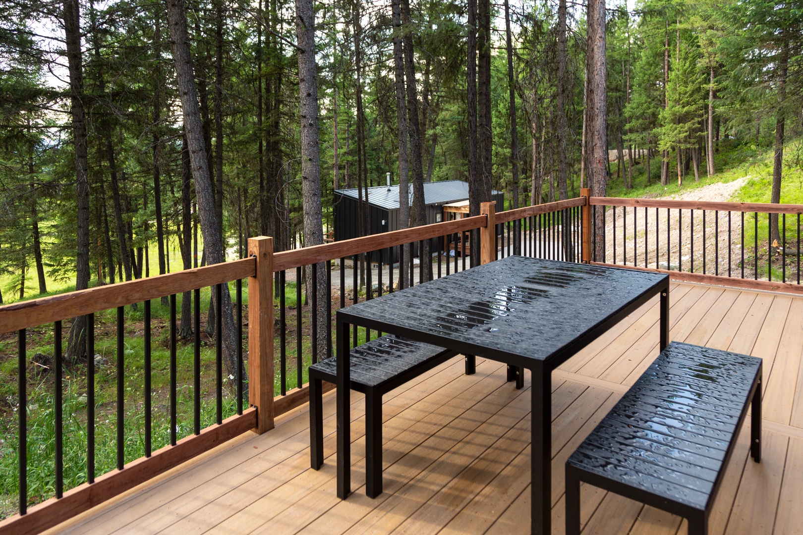 Enjoy forest dining on this private deck with sleek outdoor table surrounded by towering pines and peaceful wilderness views.