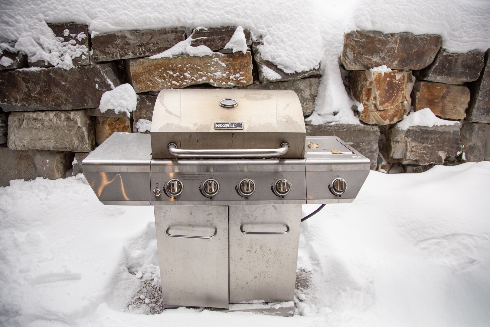 Patio grill with forest views