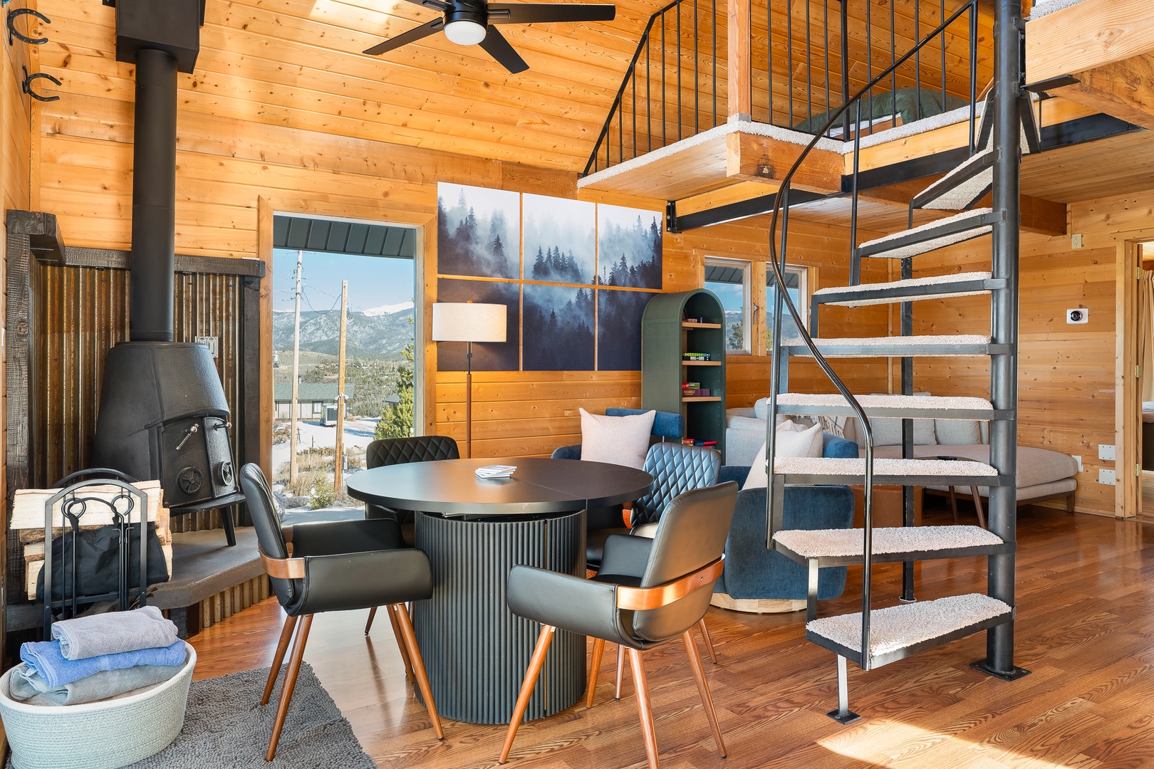 Cozy up in your stylish cabin retreat where warm wood surrounds you