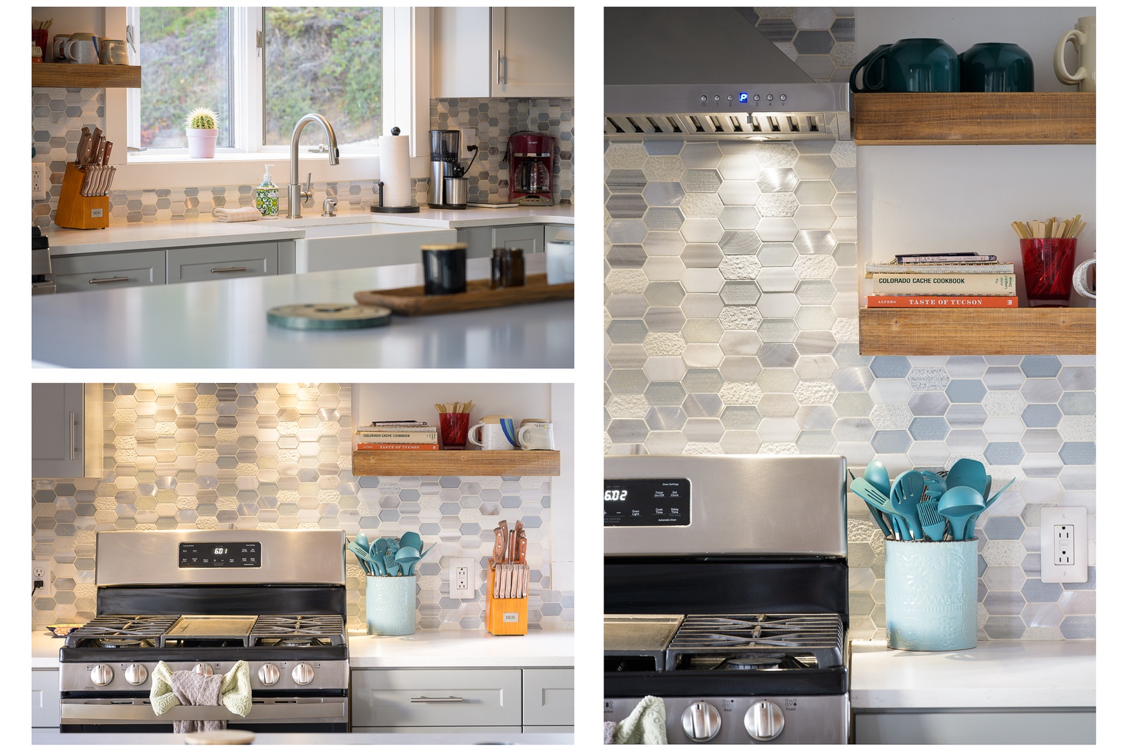 Your vacation kitchen is bright, modern, and fully stocked with everything you need. The beautiful honeycomb tile and stylish touches make cooking feel special instead of routine.