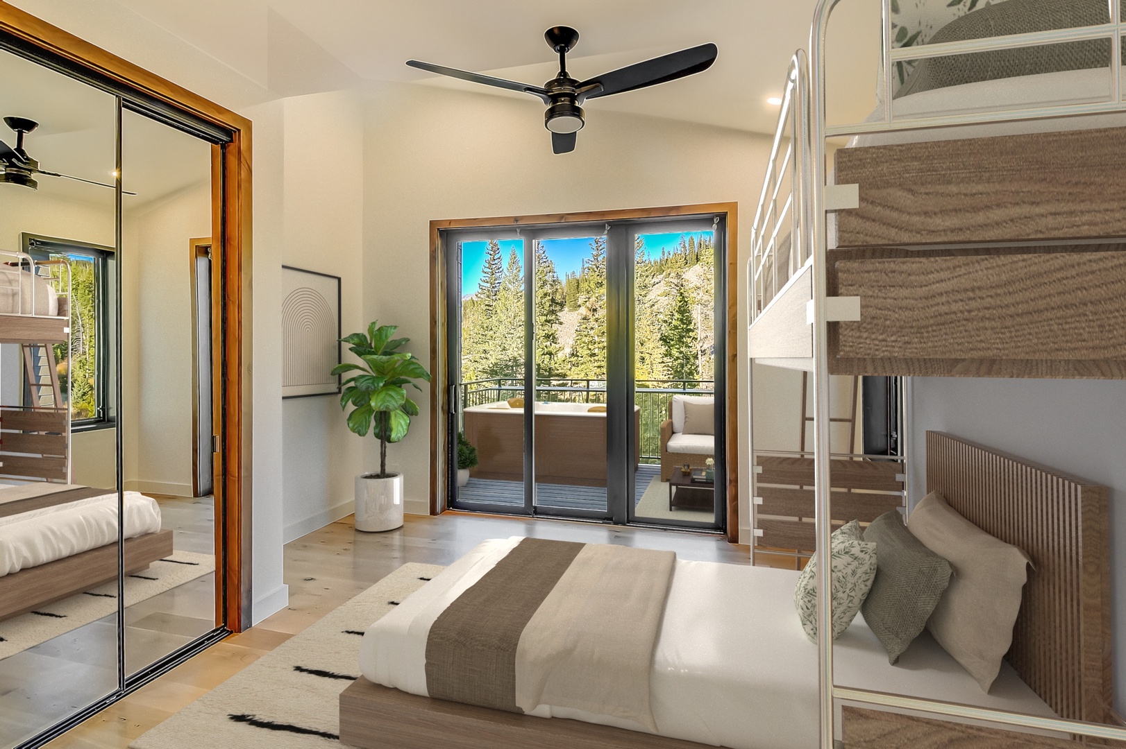 Wake up to stunning mountain views from your cozy bedroom with bunk beds and private balcony access.