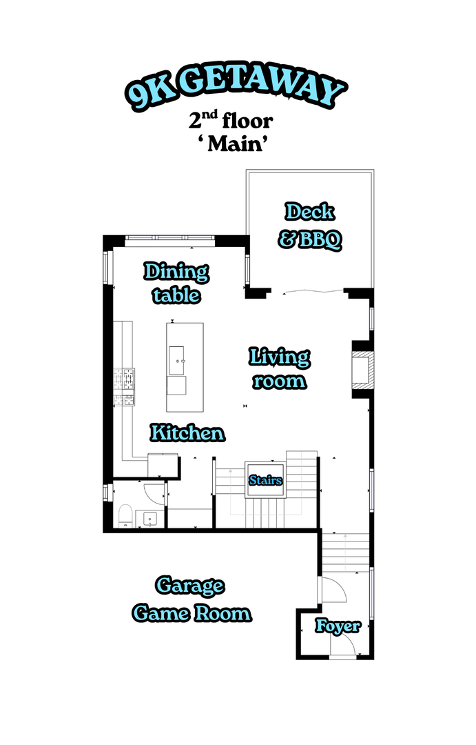 Second floor layout showcasing your open-concept living space, full kitchen, dining area, and private deck with BBQ—perfect for preparing meals and enjoying indoor-outdoor living.