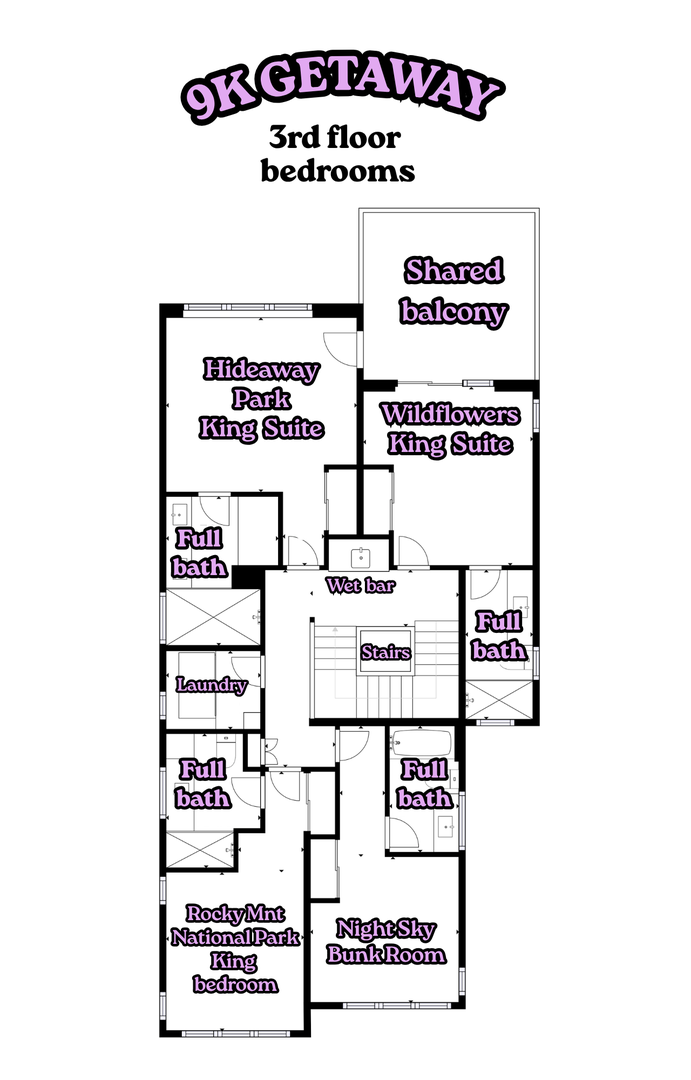 The third-floor layout of this vacation rental, showing four bedrooms, four full bathrooms, a laundry room, wet bar, and shared balcony for up to 12 guests.