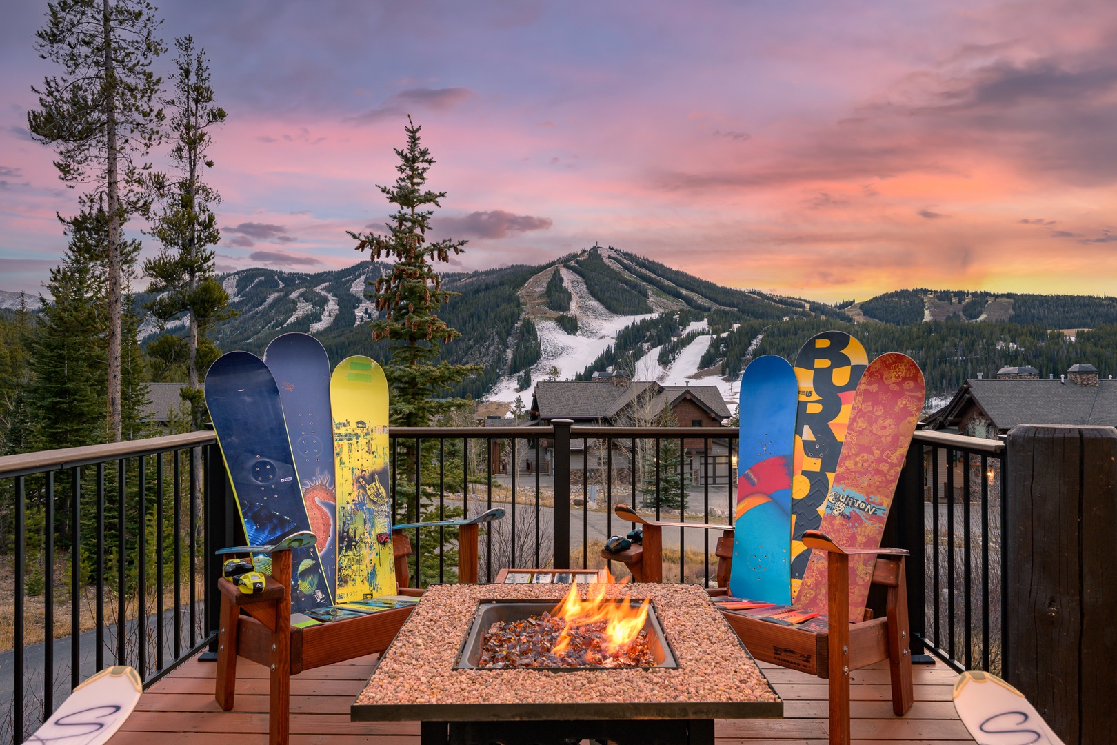 Cool Summer night enjoy the Cozy deck fire pit with ski mountain backdrop creates perfect après-ski ambiance for your evening relaxation.
