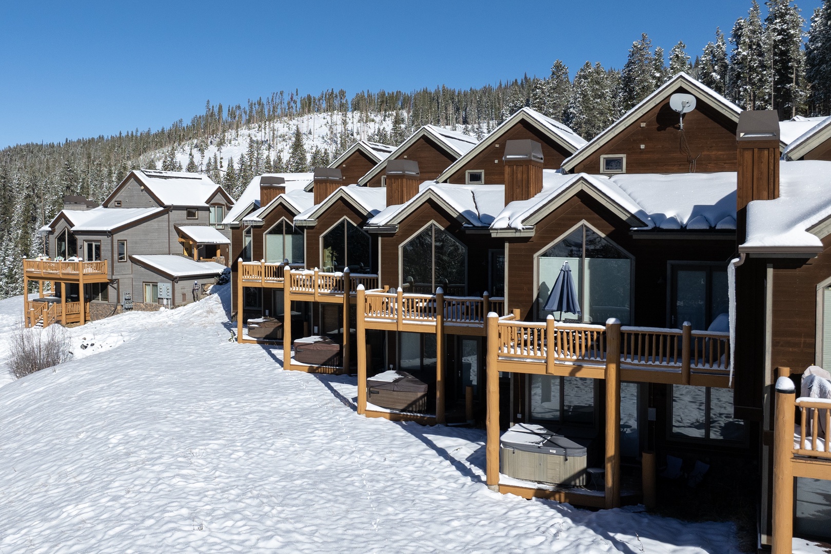 Alpine chalets nestled in a pristine winter setting, surrounded by snow-dusted evergreens and mountain slopes—perfect for a cozy mountain retreat.