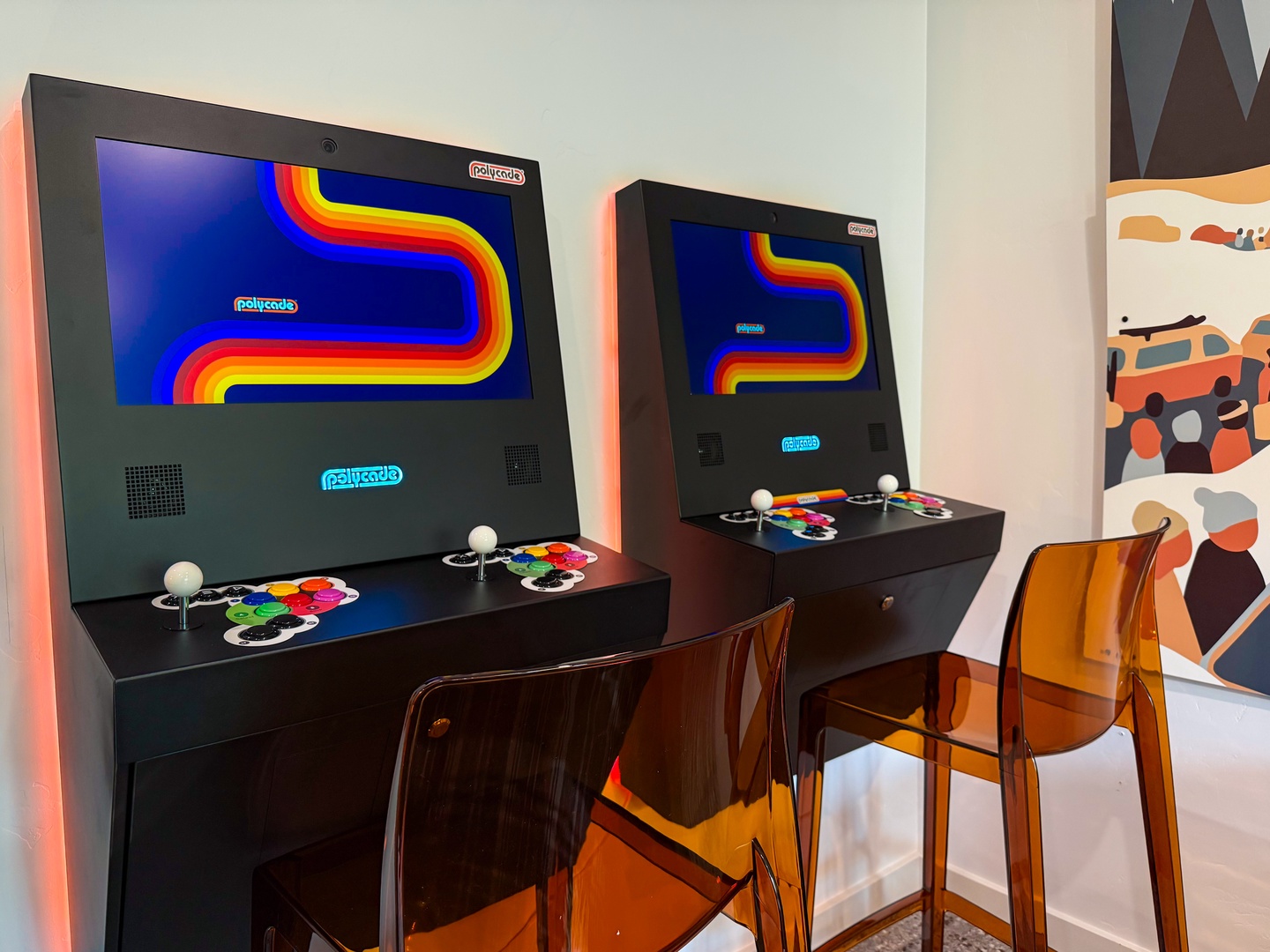 Challenge your travel companions to a friendly arcade battle on these vintage-style game stations—perfect for adding a playful twist to your downtime.