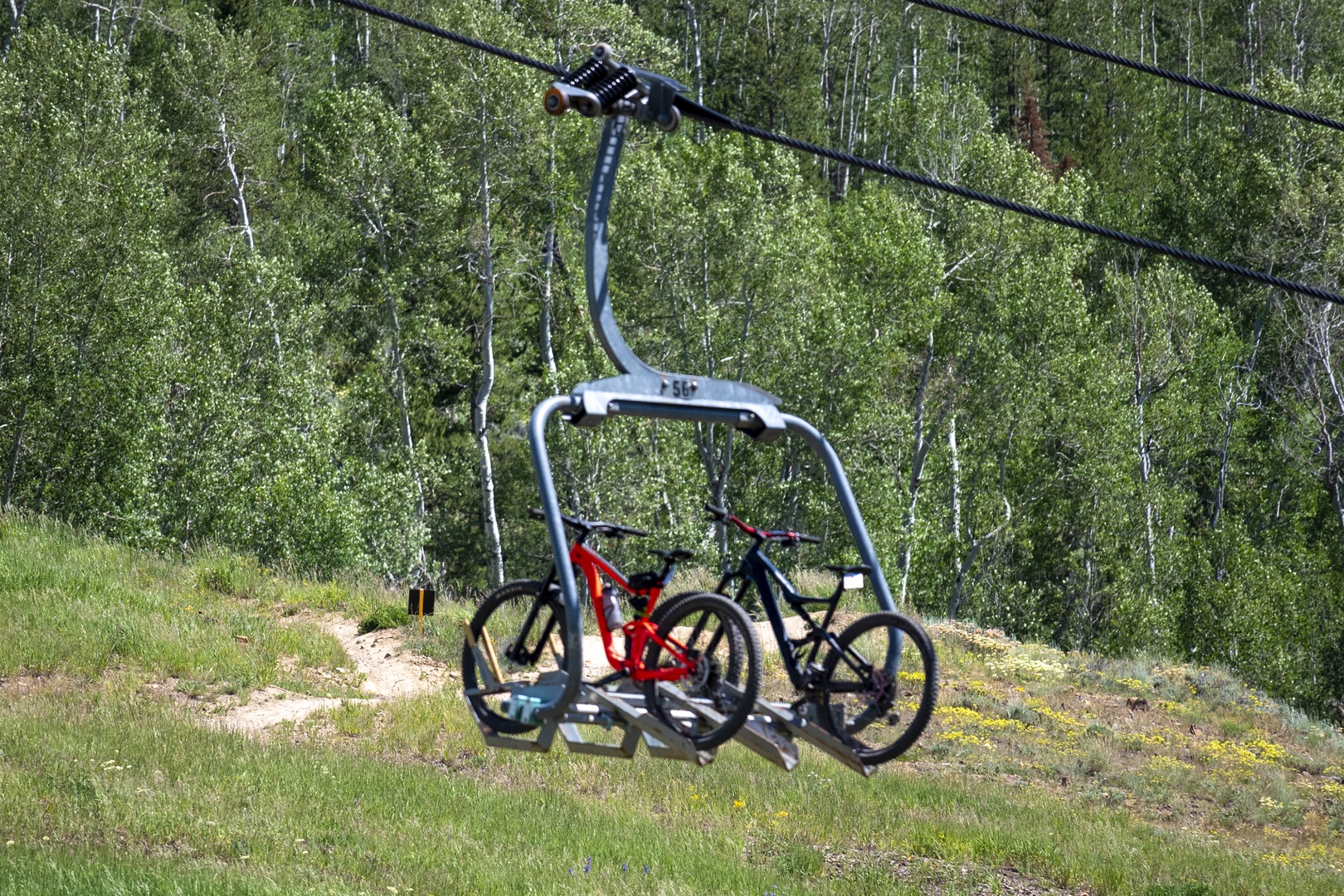 A ski lift chair carrying bikes through aspen groves, showing the property's unique access to mountain biking trails and outdoor adventures.
