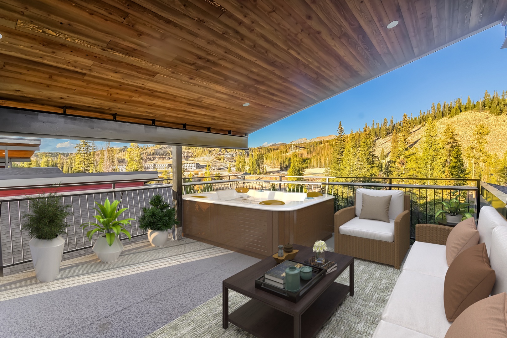 Unwind in your private hot tub while taking in stunning mountain views from your covered terrace sanctuary.