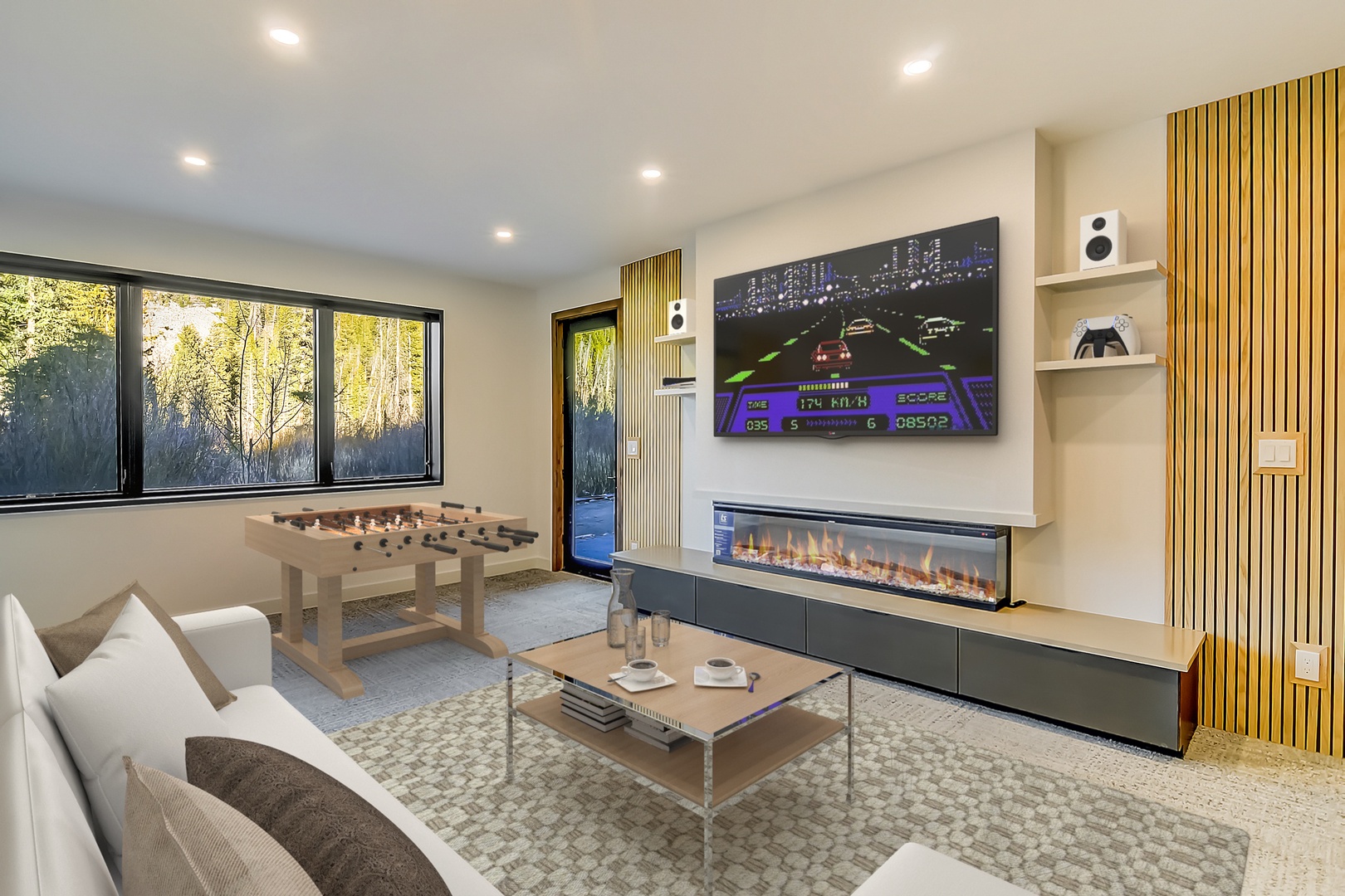 Unwind in your stylish lounge where modern comfort meets entertainment - cozy fireplace, game table, and premium sound system create the perfect retreat.