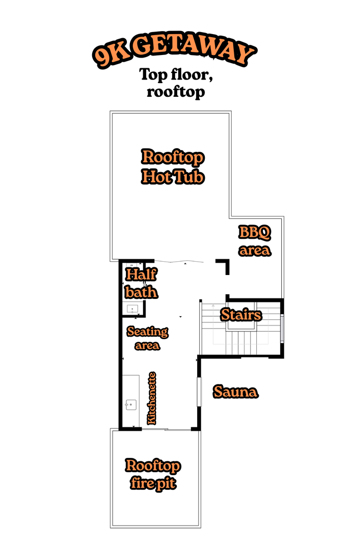 The rooftop floor plan shows where you'll unwind: a hot tub, sauna, BBQ area, and firepit all await you on the top level.