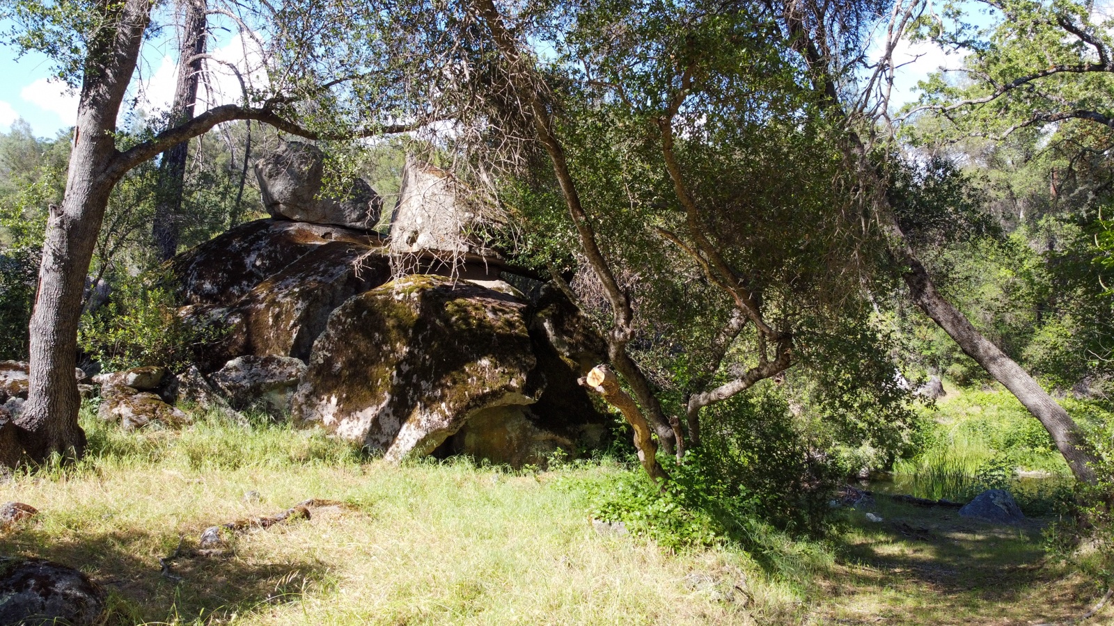 Natural rock formations and mature trees create a peaceful landscape all around you.