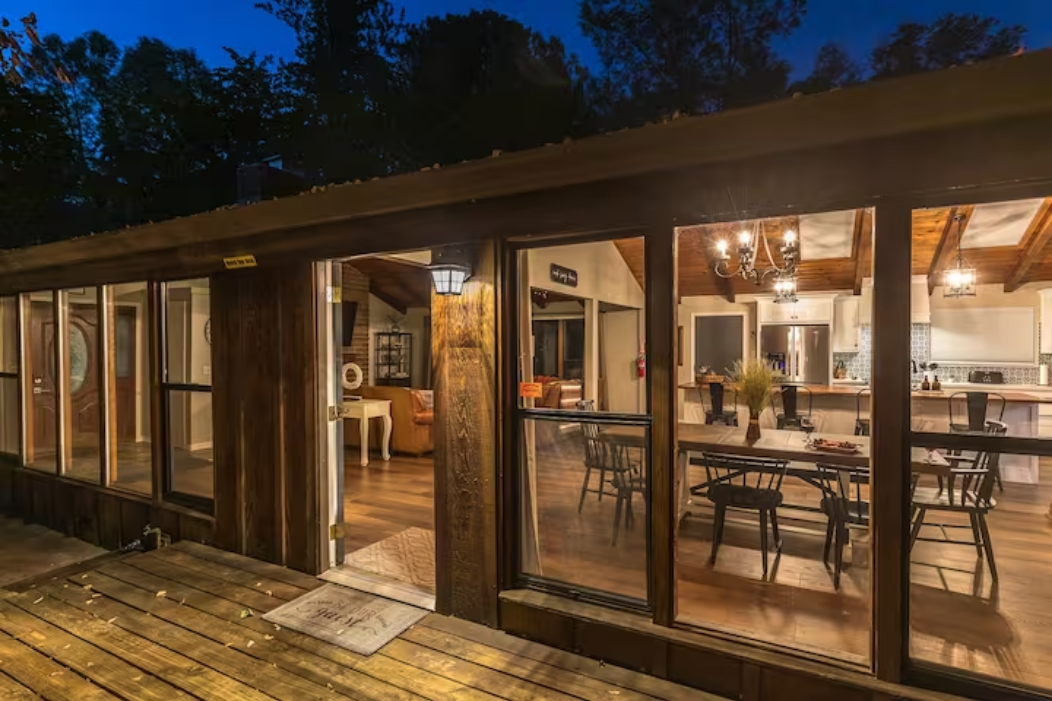 Enjoy the cozy space as night falls.