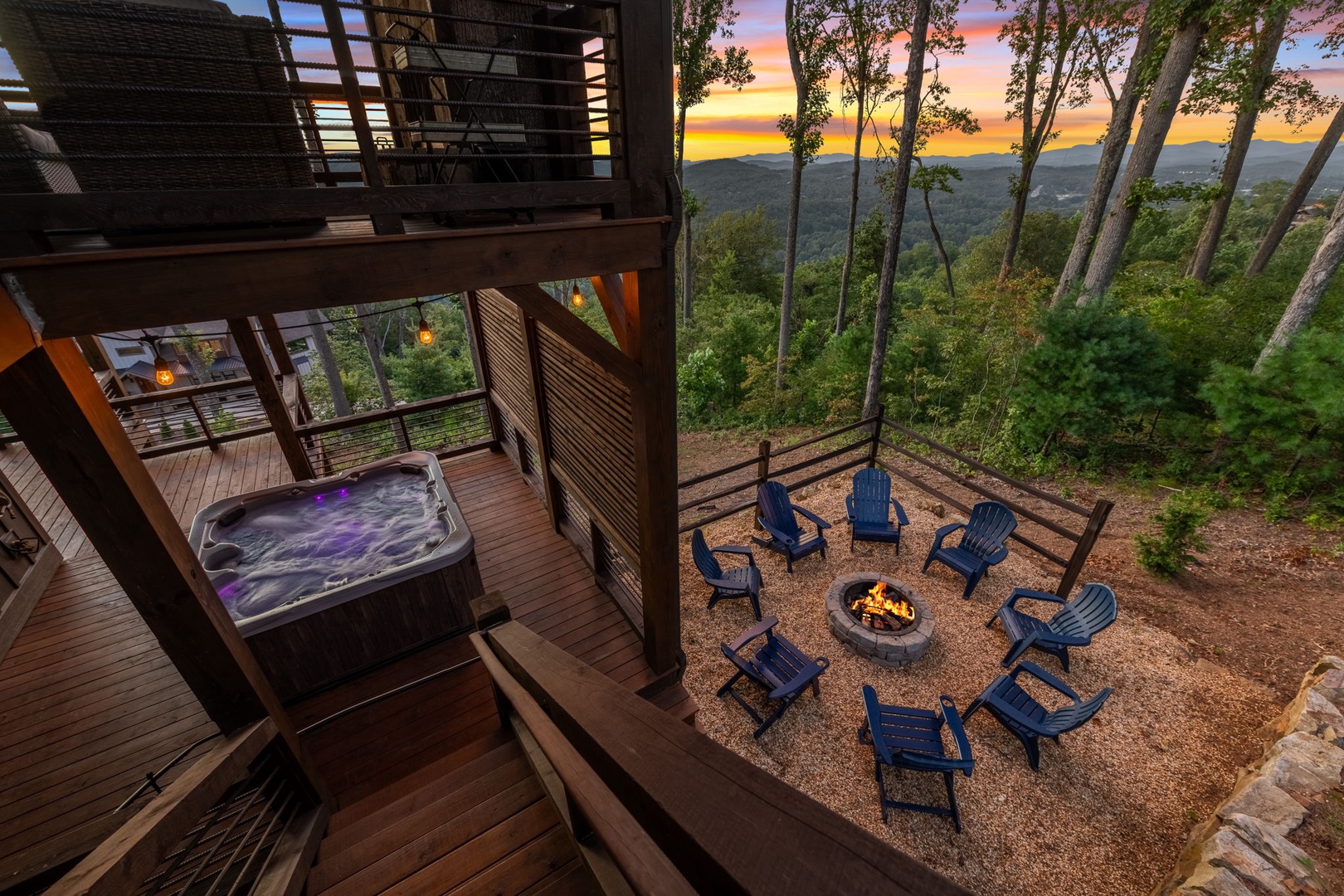 Daybreak Ridge - Hot Tub and Fire Pit at Dusk