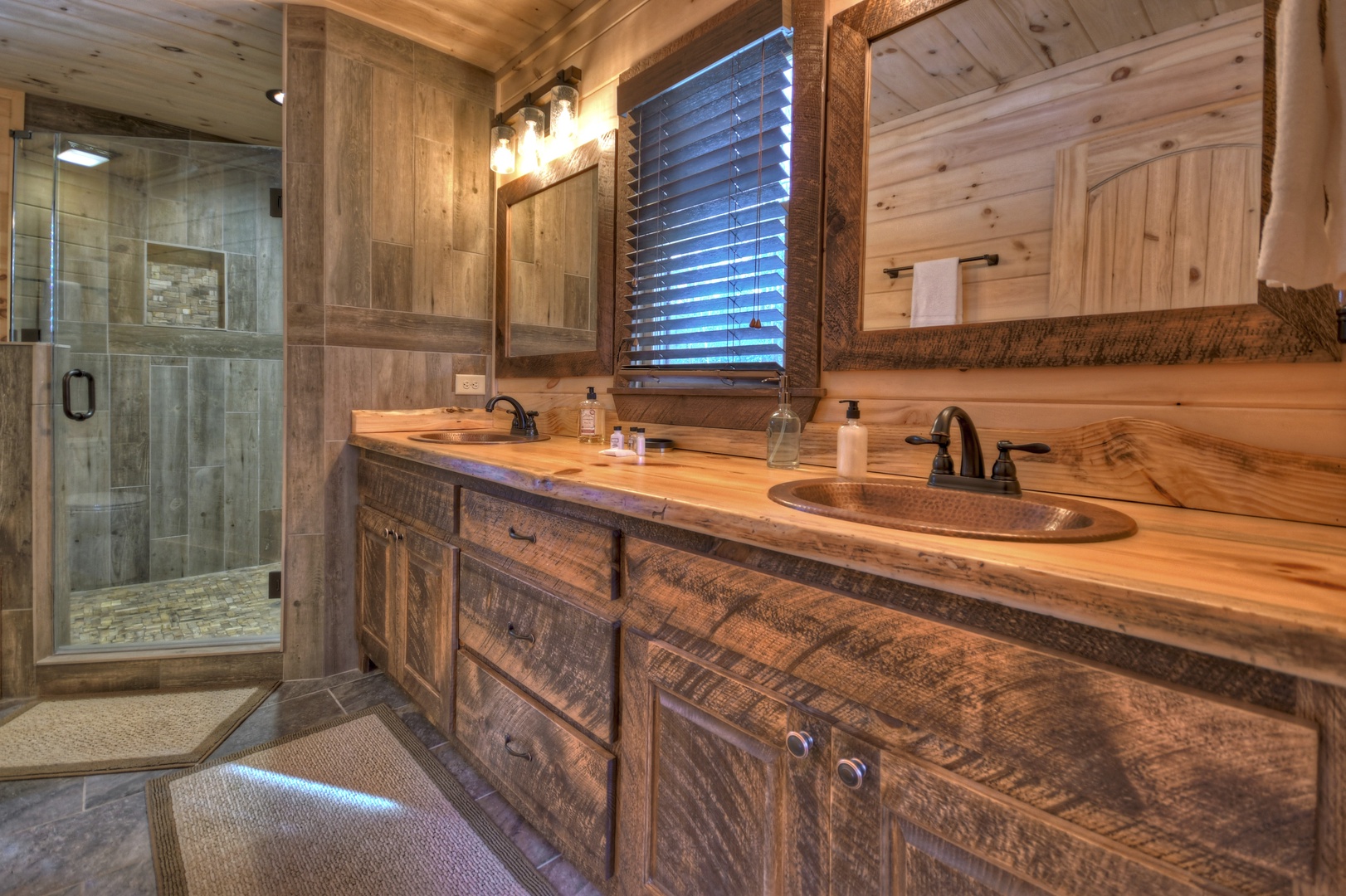 Whisky Creek Retreat- Main level double vanity with walk in shower