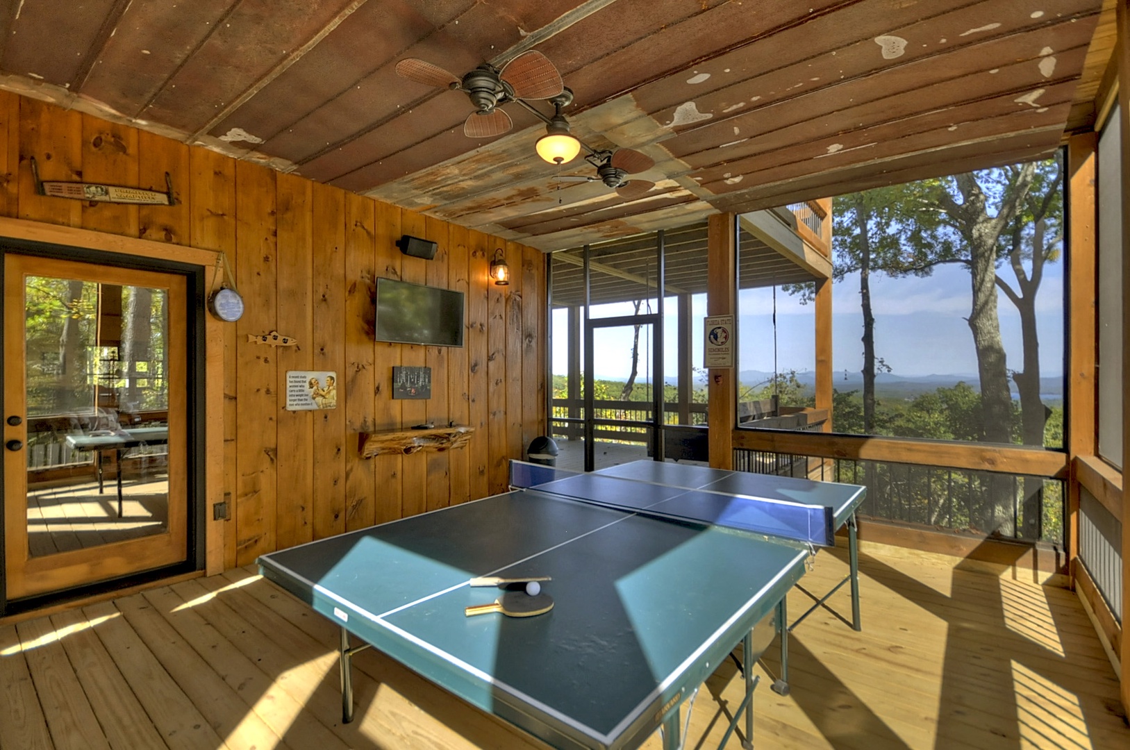 The Vue Over Blue Ridge- Screened in porch area with a ping pong table