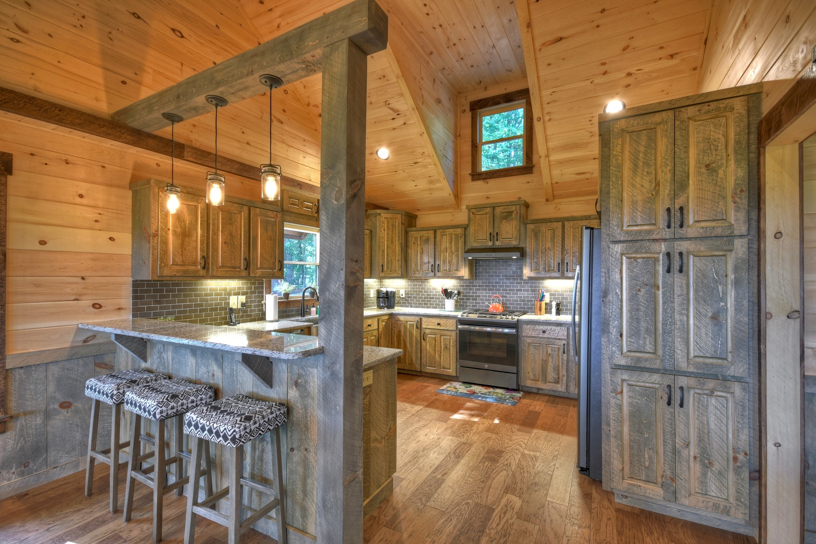 Log Cabin Kitchen With Blue Appliances - Londonderry, NH - Norfolk Kitchen  & Bath