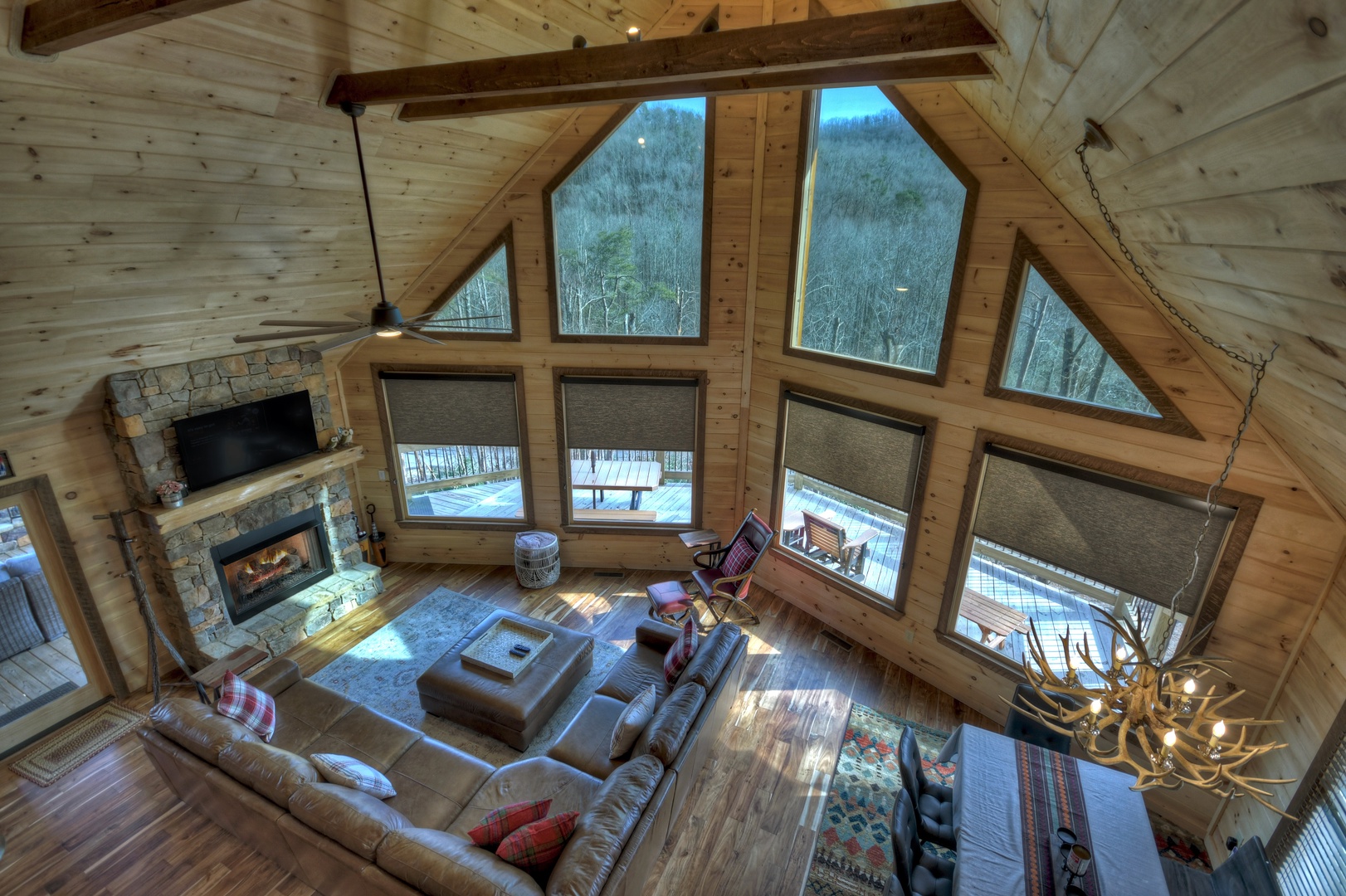 Whisky Creek Retreat- Aerial view of the main level living space from the loft