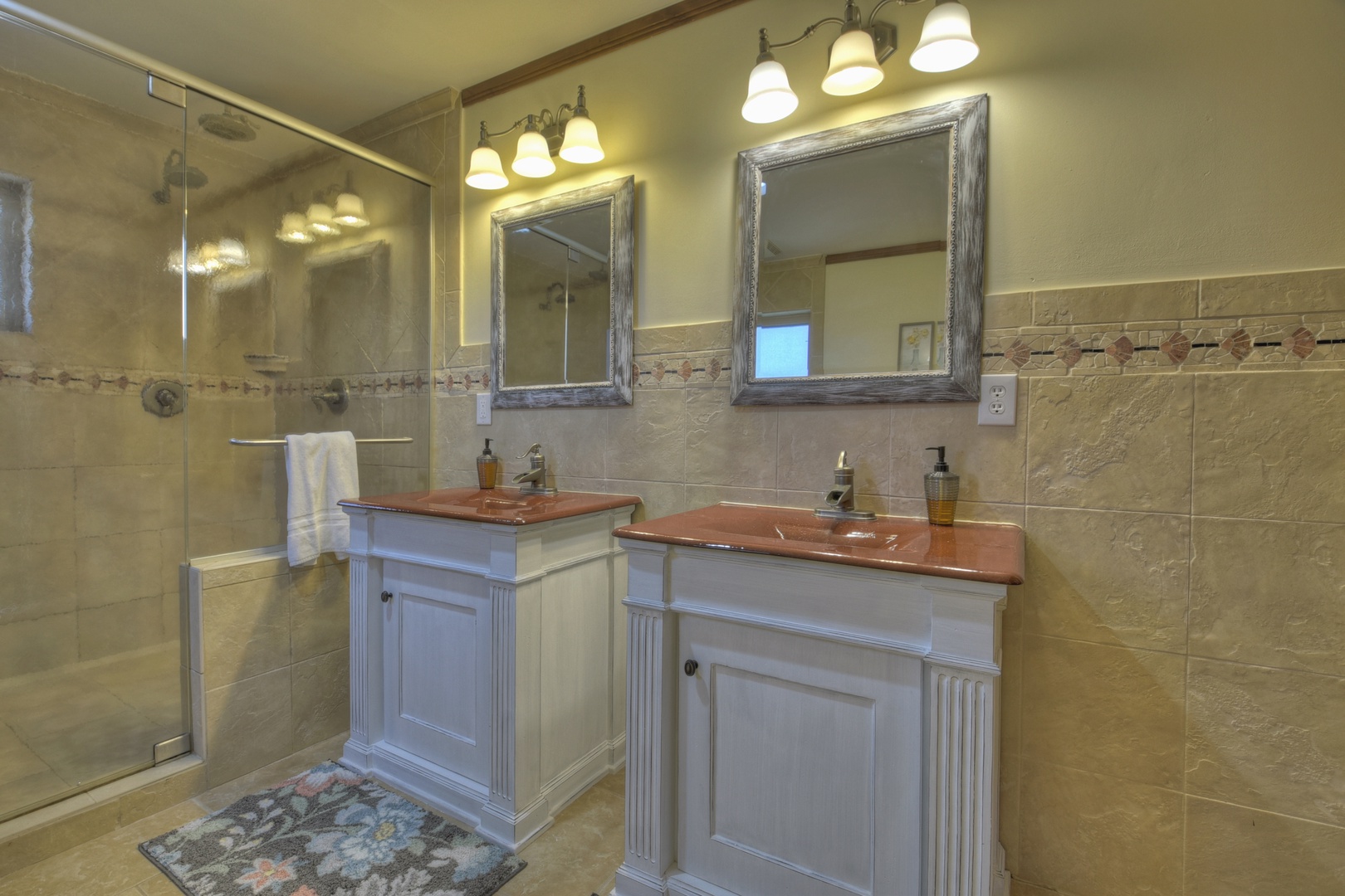 Family Farmhouse- Master suite bathroom with vanity sinks