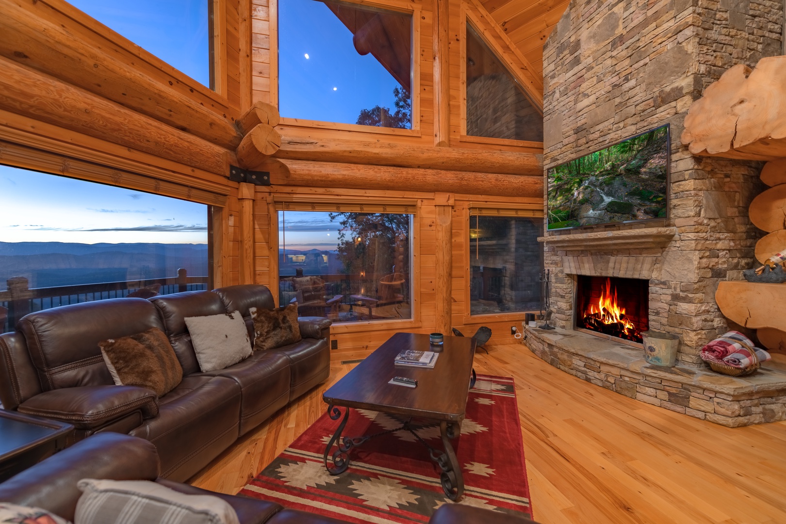 Saddle Lodge - Living Room with Stacked Stone Fireplace